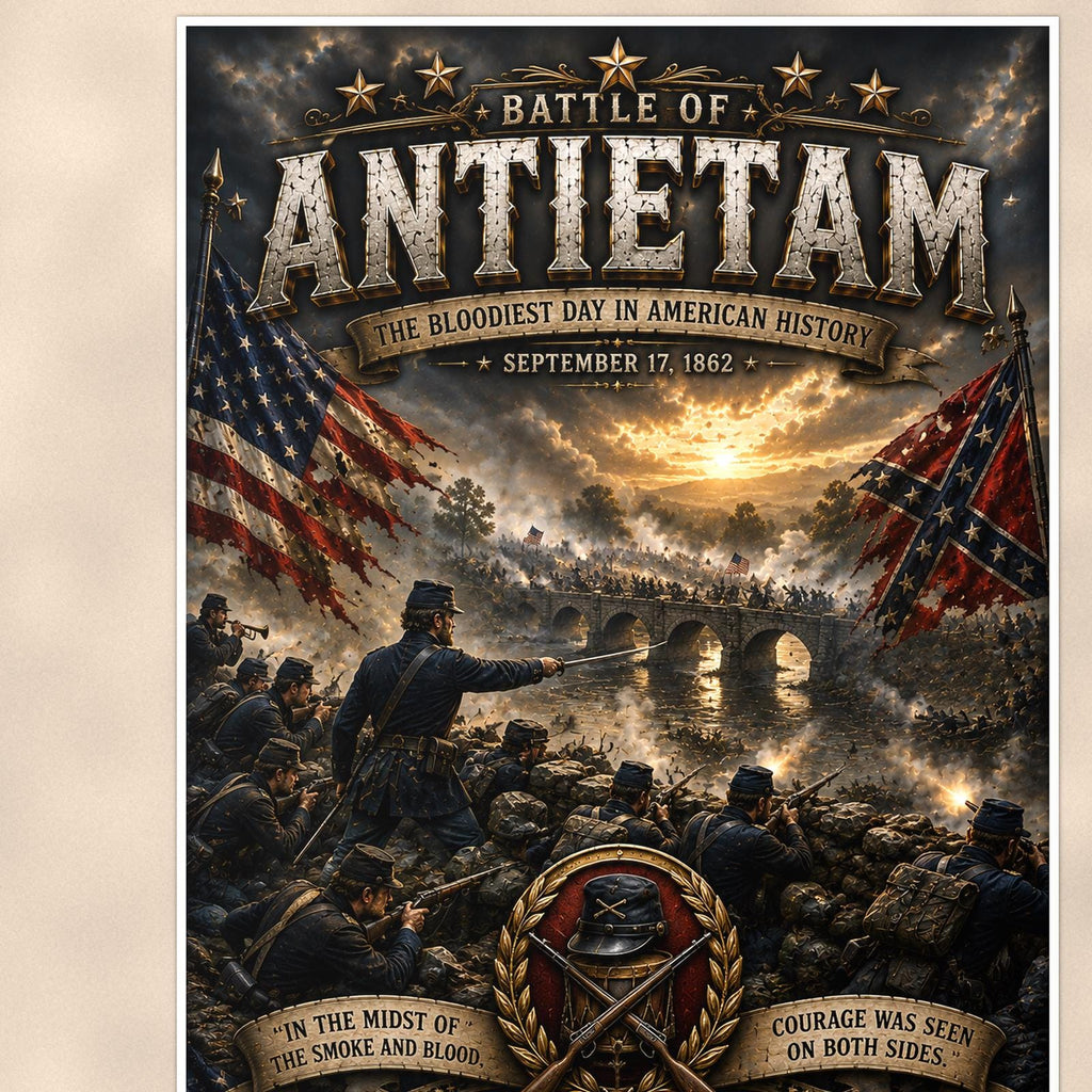 Battle of Antietam — 24x36 in art print poster, premium luster paper with a white border; close-up framed on the main subject of the artwork, paper surface visible.