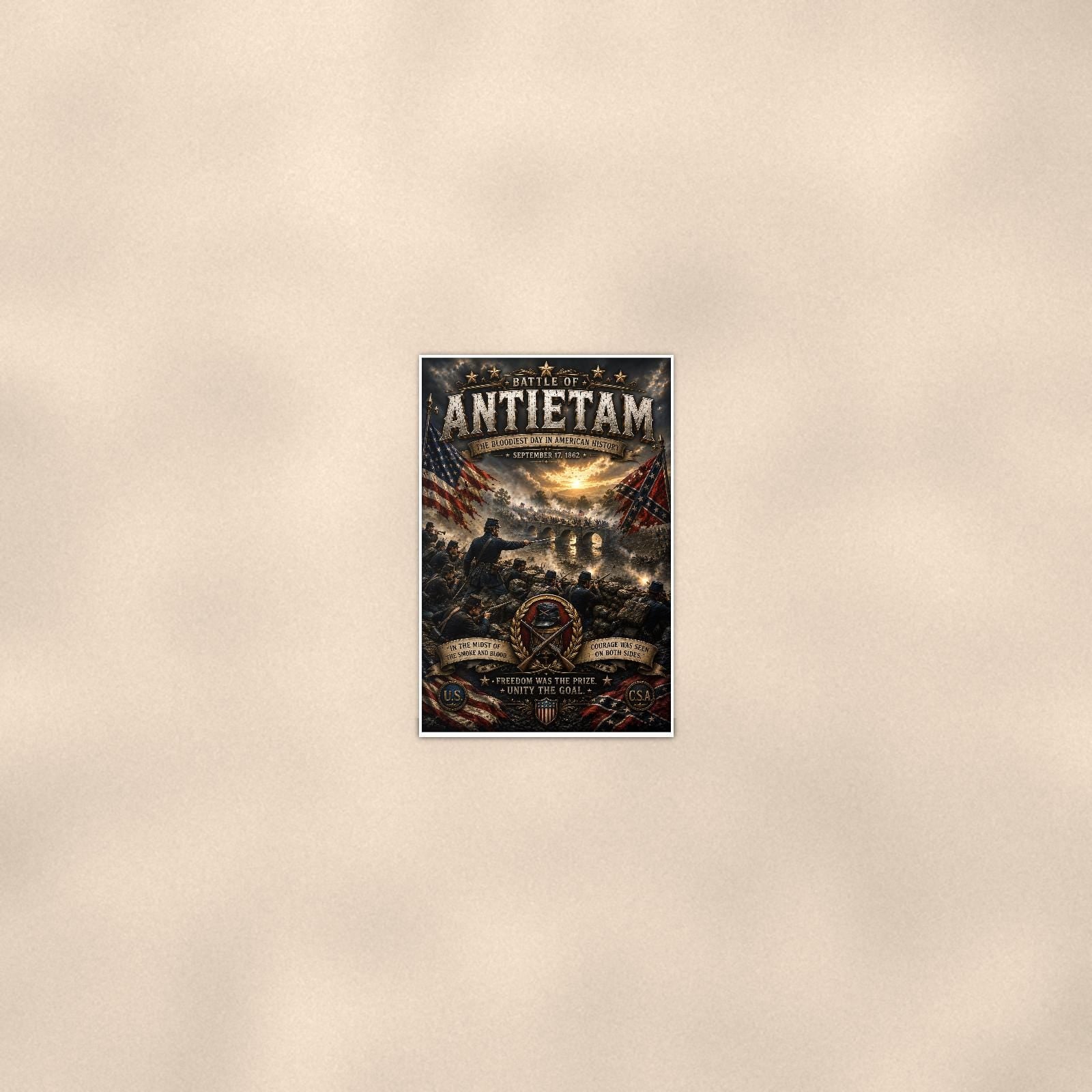 Battle of Antietam — 24x36 in art print poster, premium luster paper with a white border; poster seen from further back, at true 24x36 in scale on a warm wall.