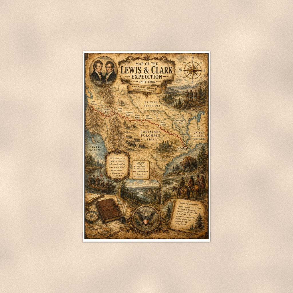 Lewis and Clark Map — 24x36 in art print poster, premium luster paper with a white border; poster shown straight on against a warm wall.