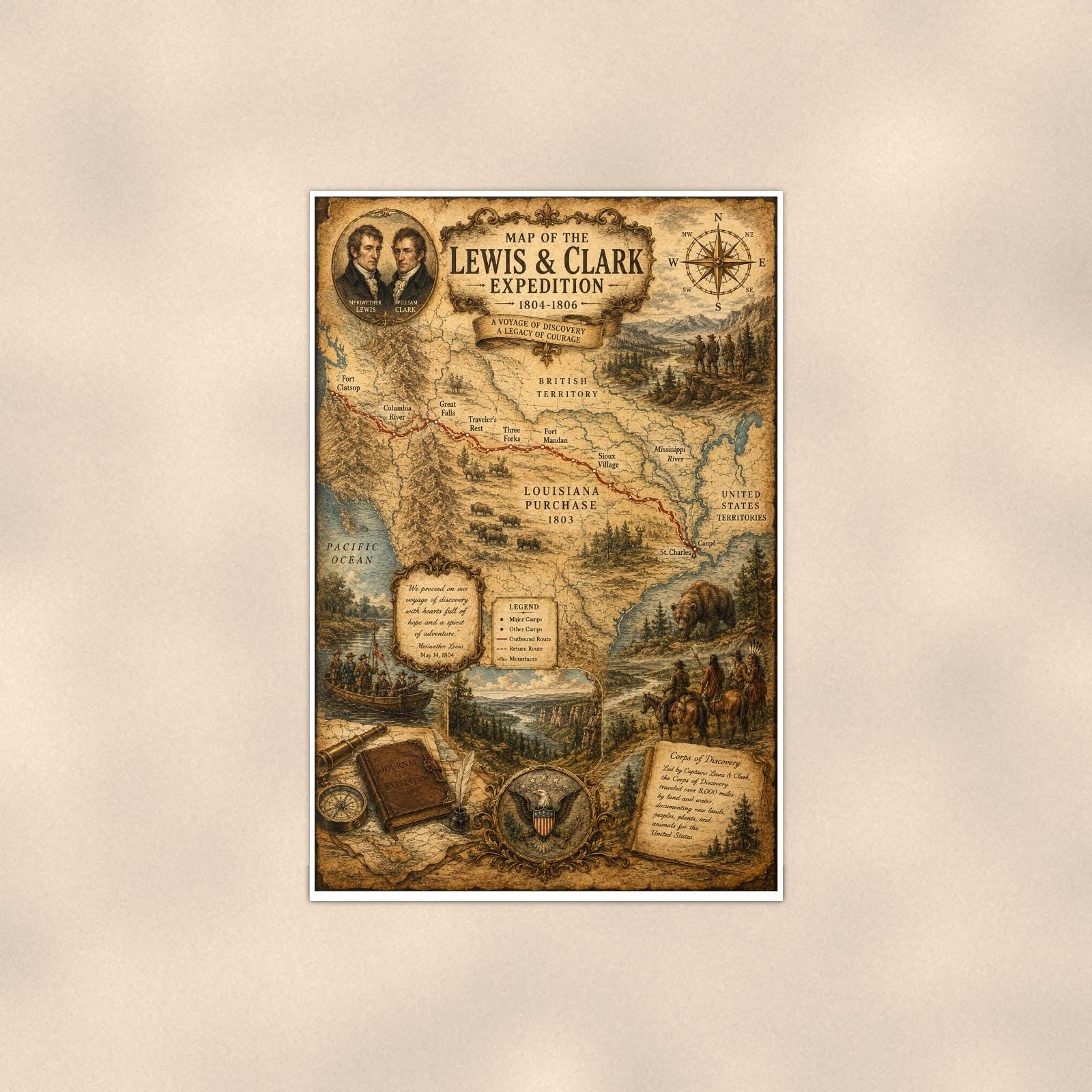 Lewis and Clark Map — 24x36 in art print poster, premium luster paper with a white border; poster shown straight on against a warm wall.