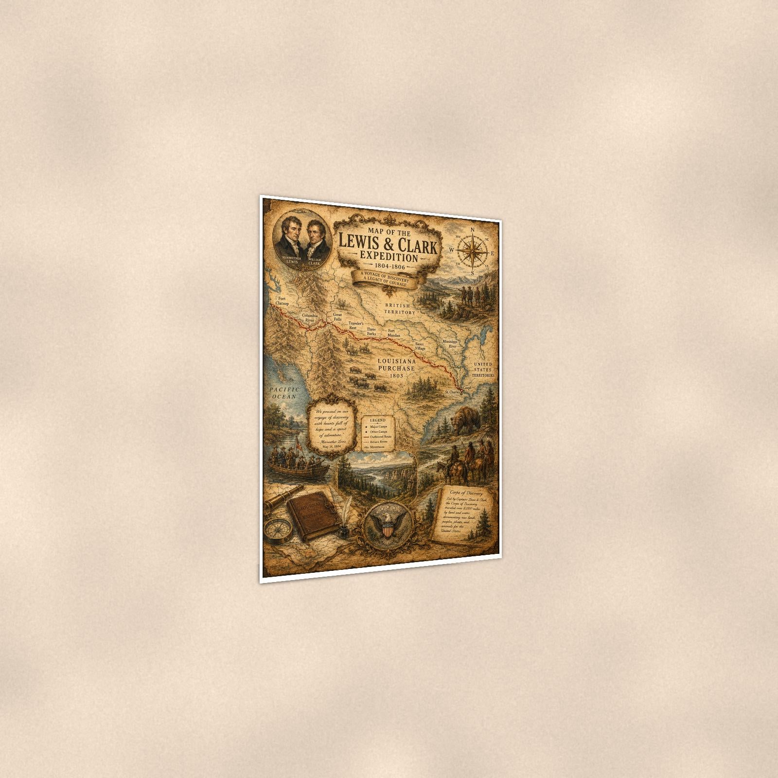Lewis and Clark Map — 24x36 in art print poster, premium luster paper with a white border; gentle three-quarter angle on a warm wall, showing the flat paper edge.