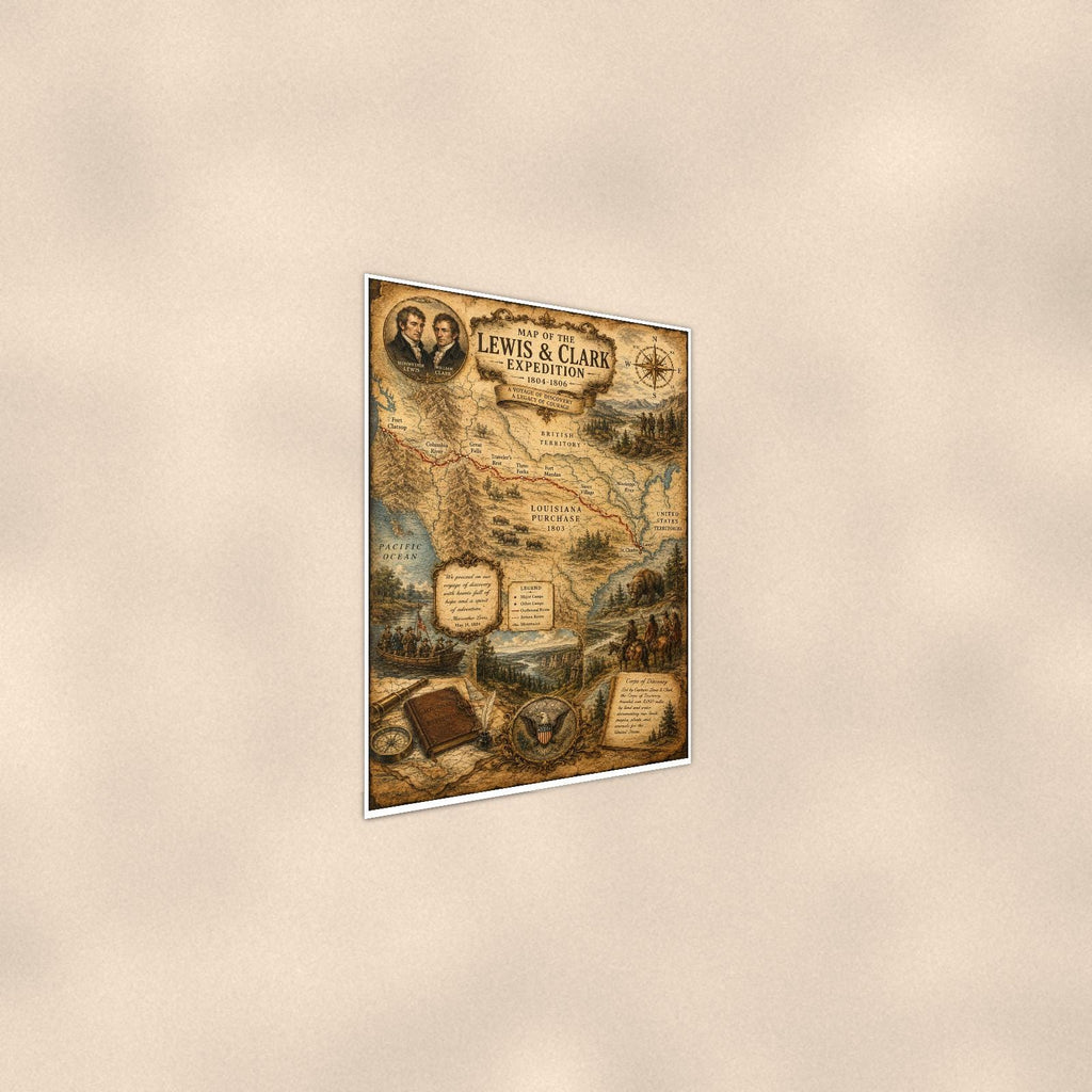 Lewis and Clark Map — 24x36 in art print poster, premium luster paper with a white border; steeper three-quarter angle on a warm wall, catching the luster sheen.