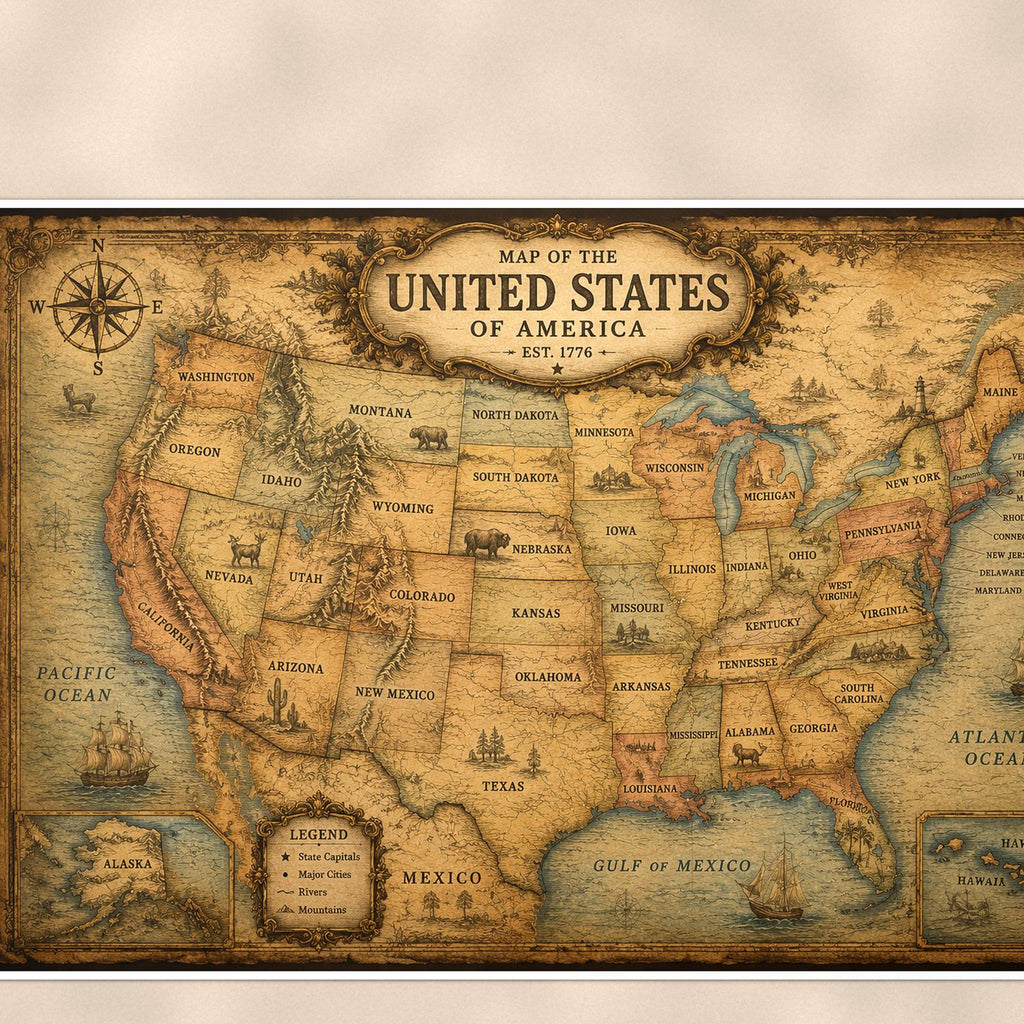Vintage United States Map — 36x24 in art print poster, premium luster paper with a white border; close-up framed on the main subject of the artwork, paper surface visible.