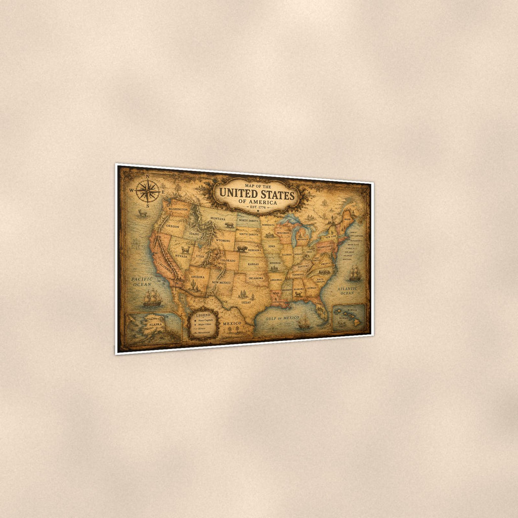 Vintage United States Map — 36x24 in art print poster, premium luster paper with a white border; gentle three-quarter angle on a warm wall, showing the flat paper edge.
