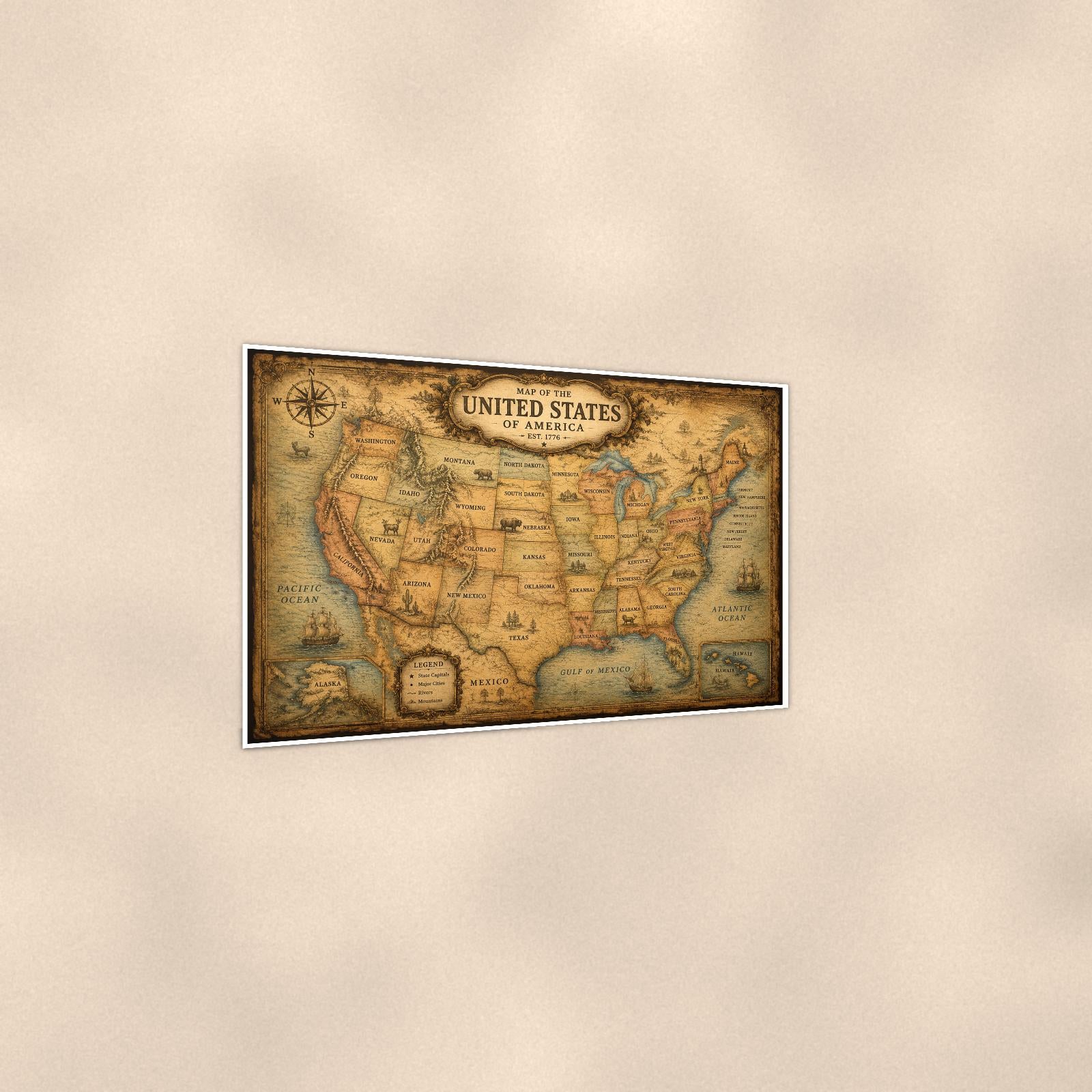 Vintage United States Map — 36x24 in art print poster, premium luster paper with a white border; gentle three-quarter angle on a warm wall, showing the flat paper edge.