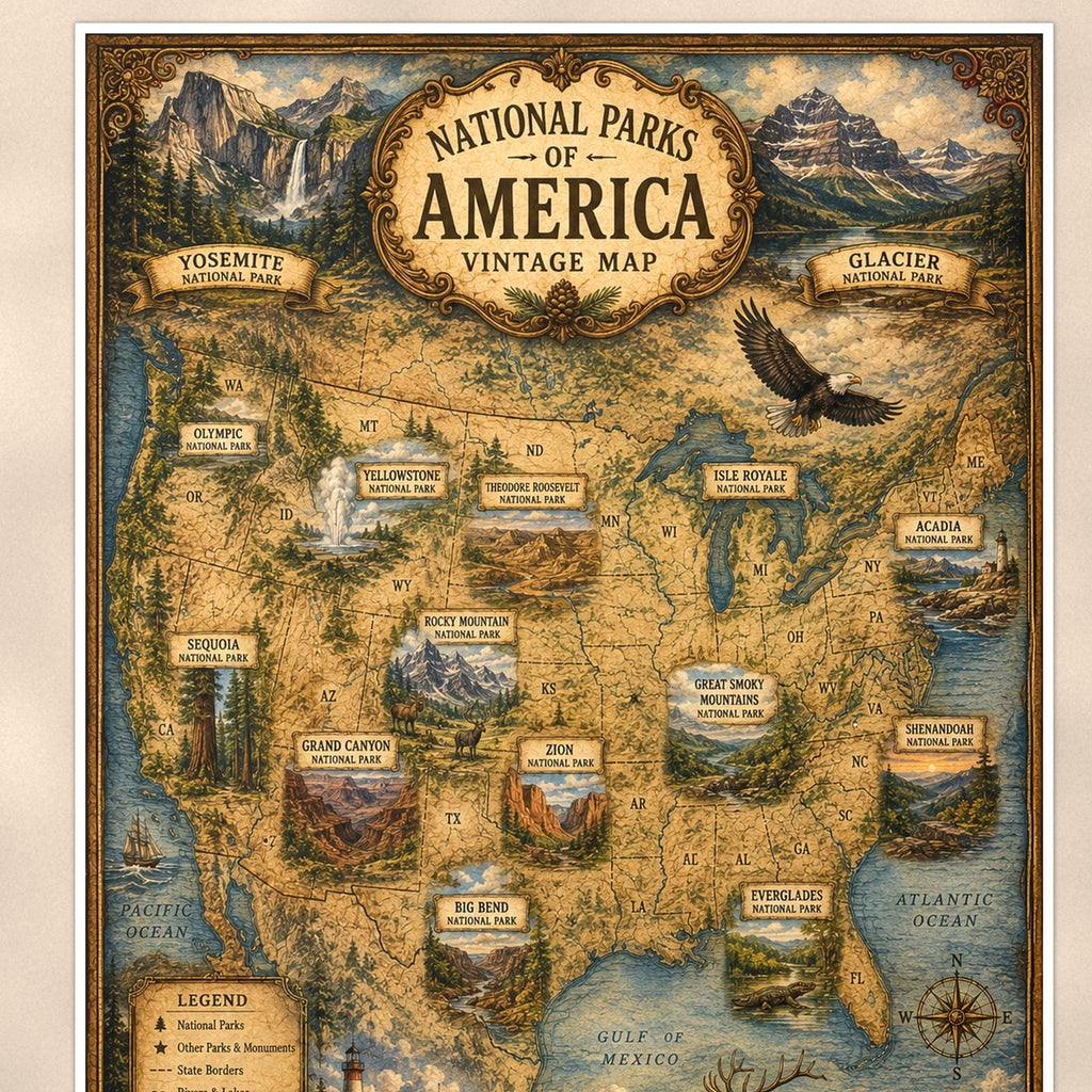 Vintage America Map — 24x36 in art print poster, premium luster paper with a white border; close-up framed on the main subject of the artwork, paper surface visible.