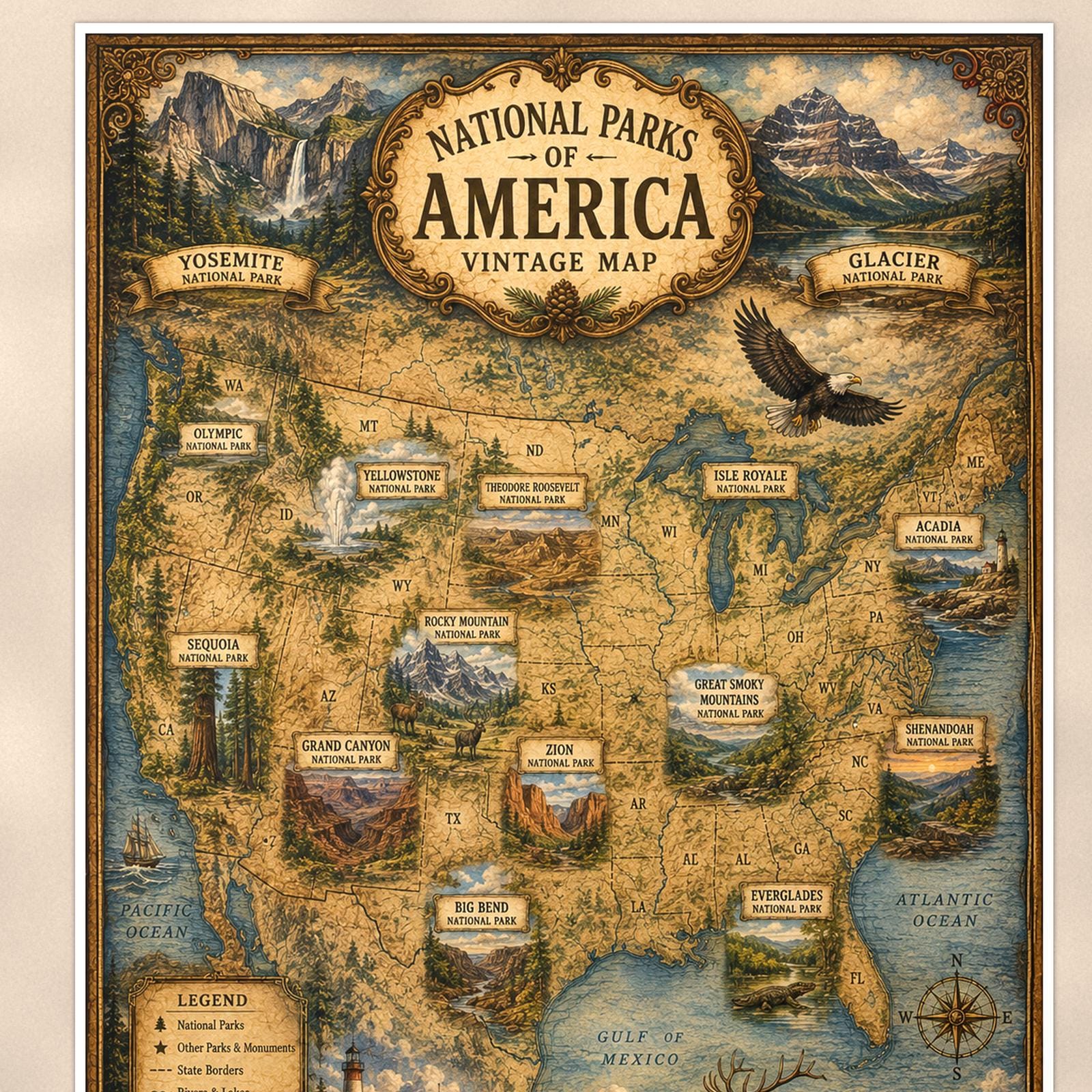Vintage America Map — 24x36 in art print poster, premium luster paper with a white border; close-up framed on the main subject of the artwork, paper surface visible.