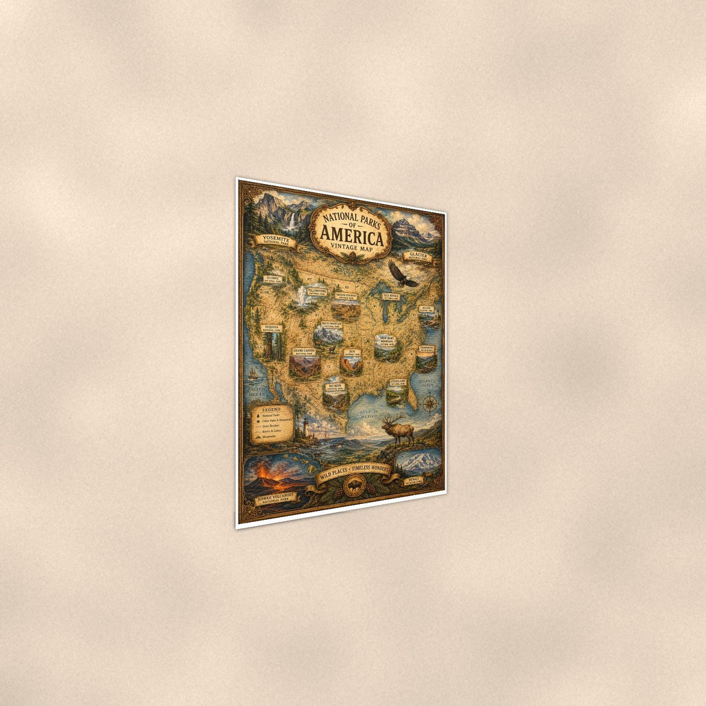 Vintage America Map — 24x36 in art print poster, premium luster paper with a white border; steeper three-quarter angle on a warm wall, catching the luster sheen.