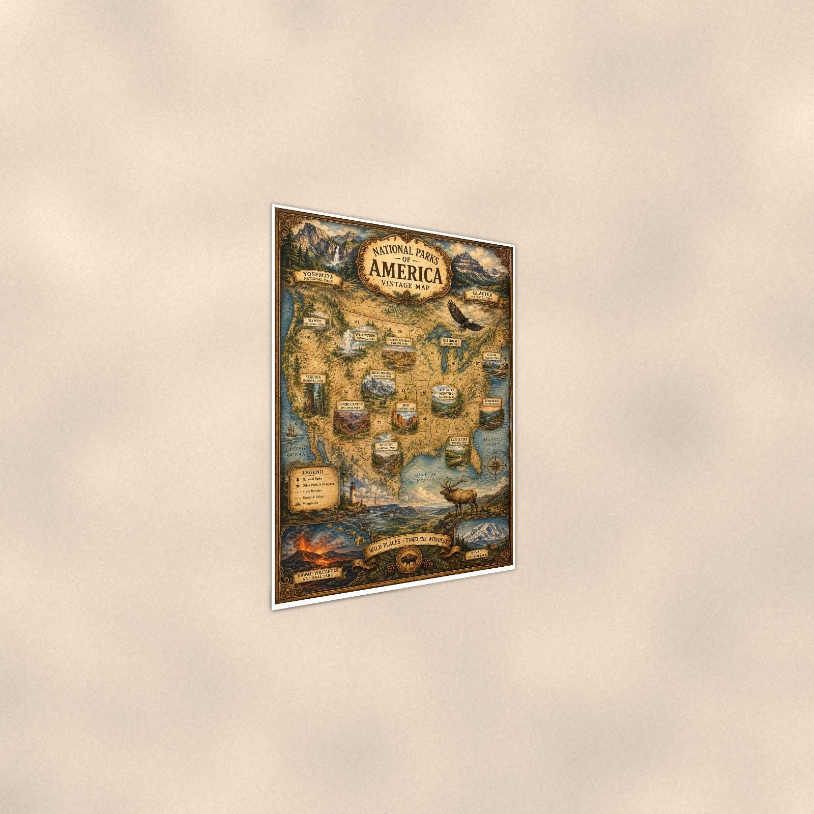 Vintage America Map — 24x36 in art print poster, premium luster paper with a white border; steeper three-quarter angle on a warm wall, catching the luster sheen.
