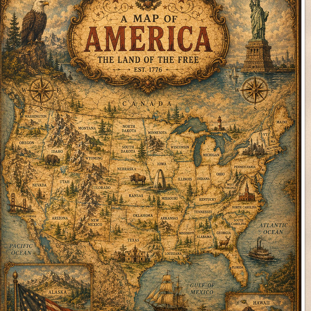 Vintage Map of America — 24x36 in art print poster, premium luster paper with a white border; close-up framed on the main subject of the artwork, paper surface visible.
