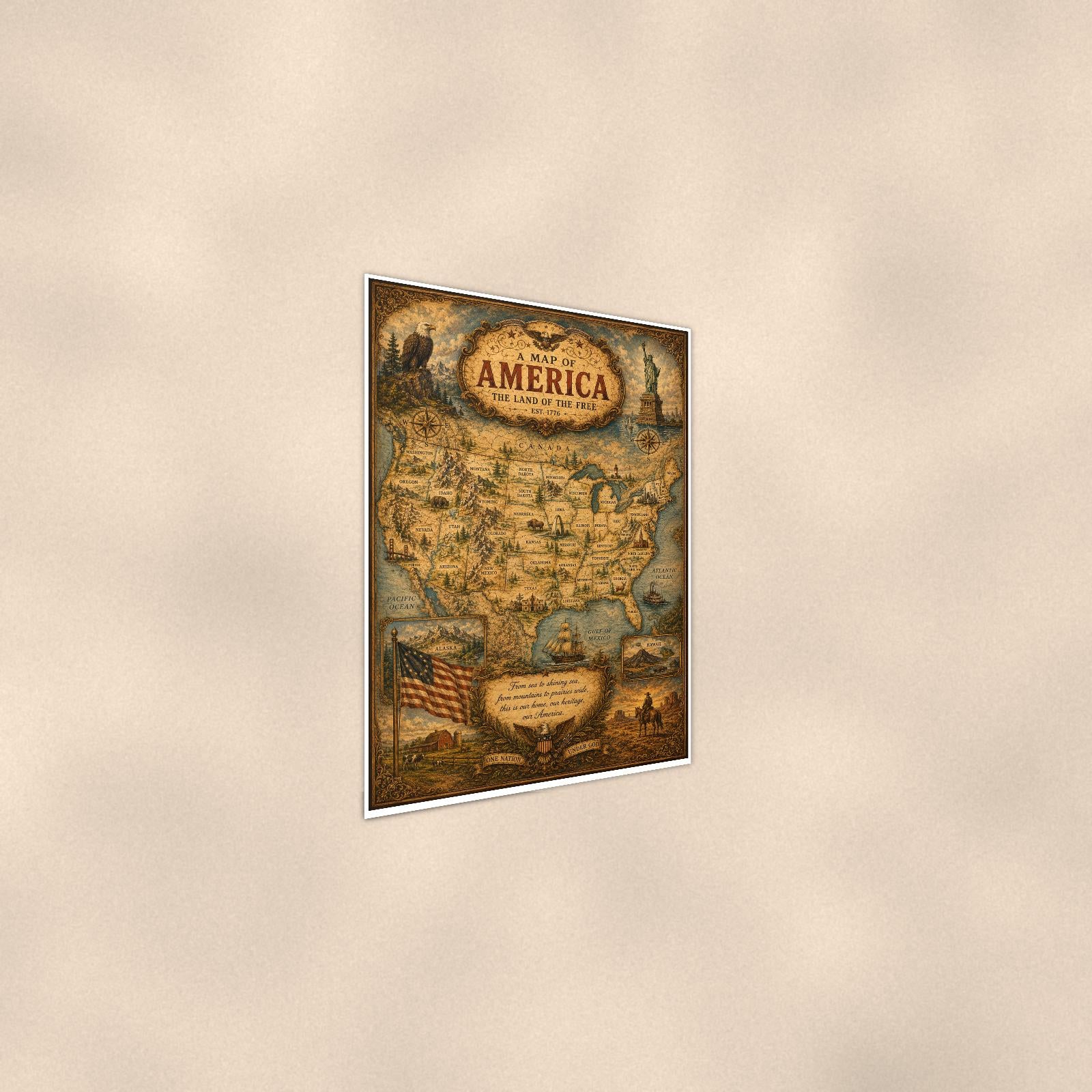 Vintage Map of America — 24x36 in art print poster, premium luster paper with a white border; steeper three-quarter angle on a warm wall, catching the luster sheen.