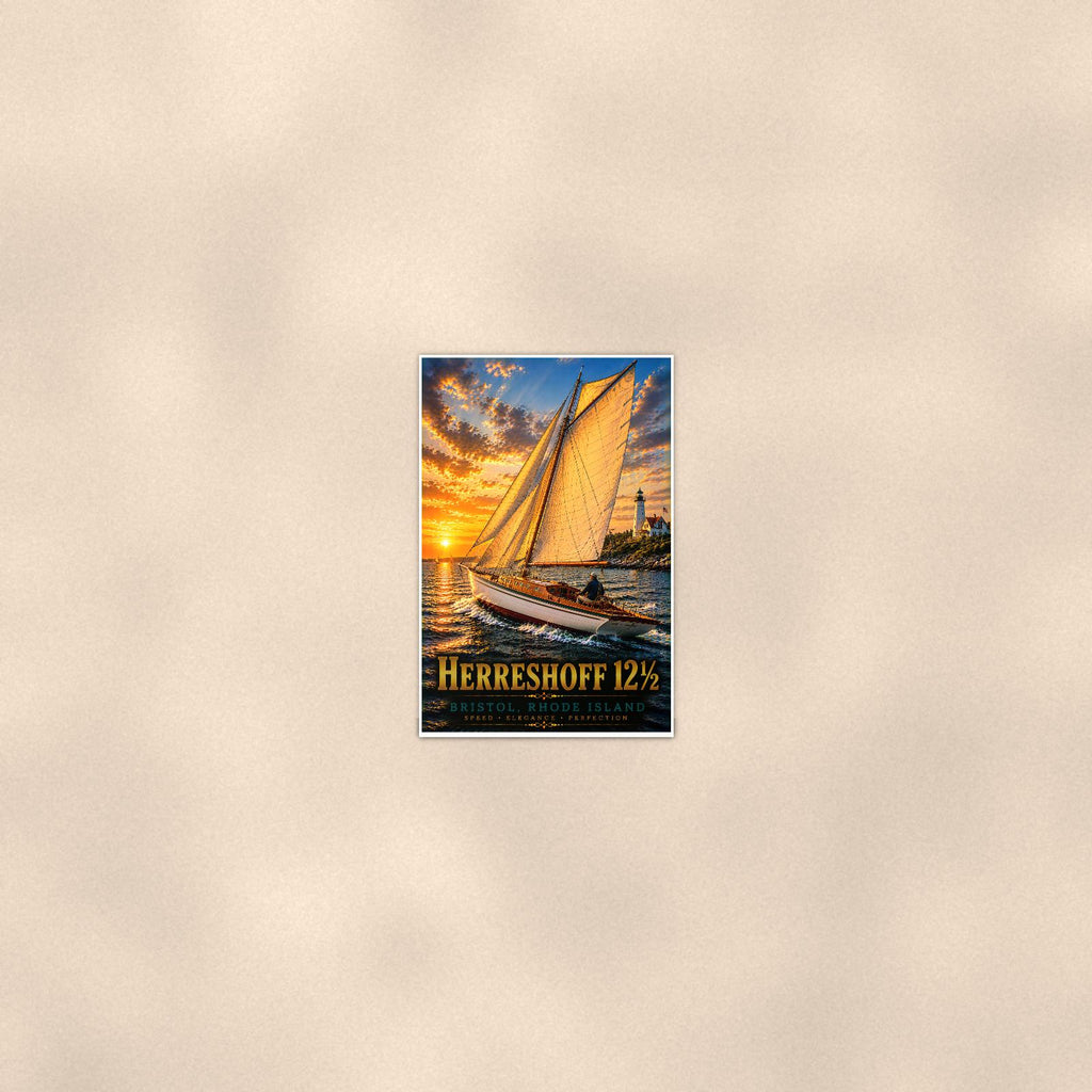 Sailboat on open water — 24x36 in art print poster, premium luster paper with a white border; poster seen from further back, at true 24x36 in scale on a warm wall.