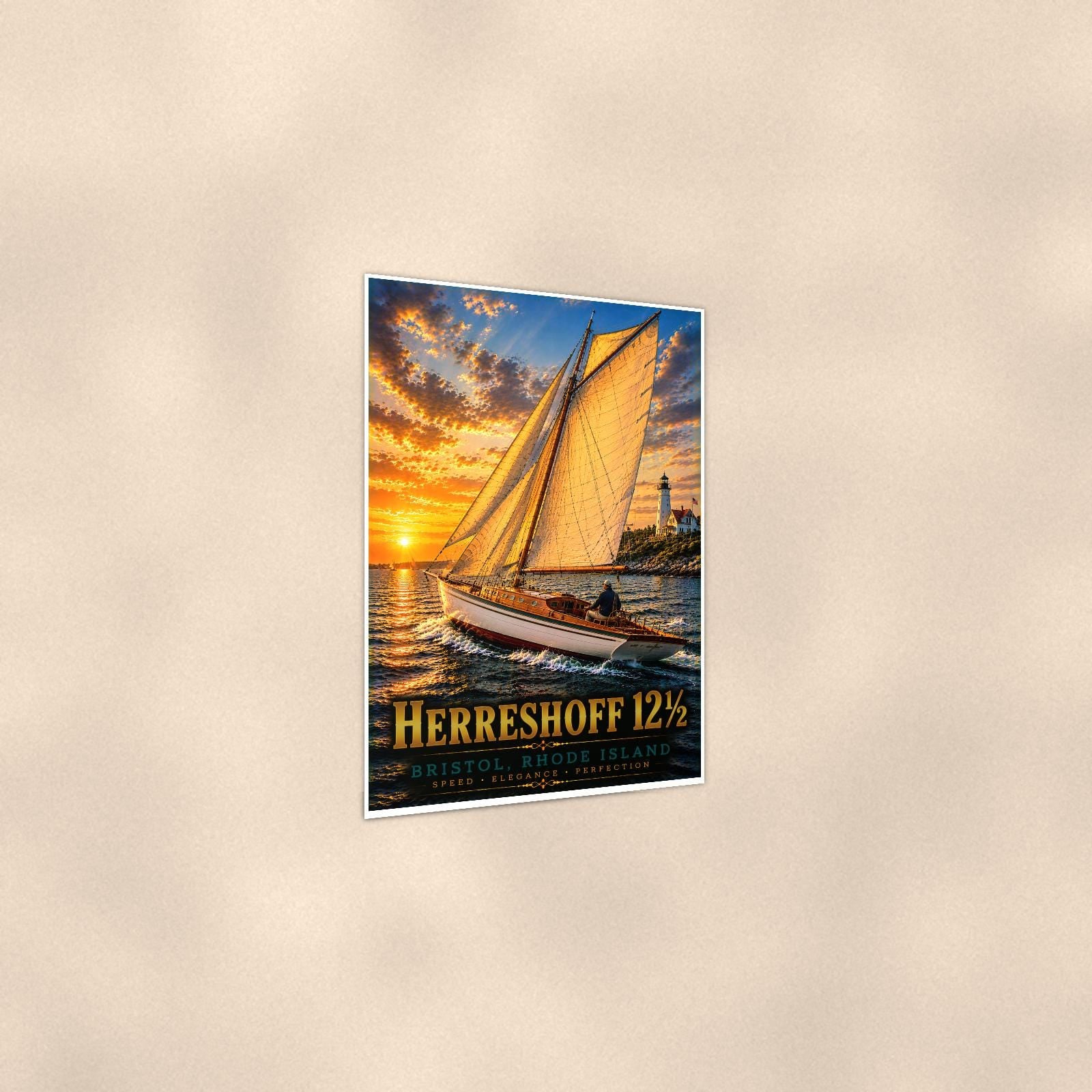 Sailboat on open water — 24x36 in art print poster, premium luster paper with a white border; gentle three-quarter angle on a warm wall, showing the flat paper edge.