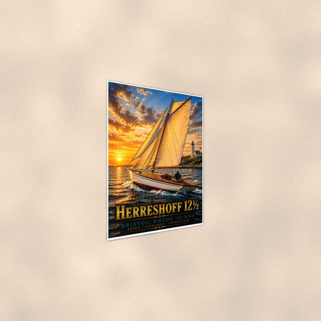 Sailboat on open water — 24x36 in art print poster, premium luster paper with a white border; steeper three-quarter angle on a warm wall, catching the luster sheen.