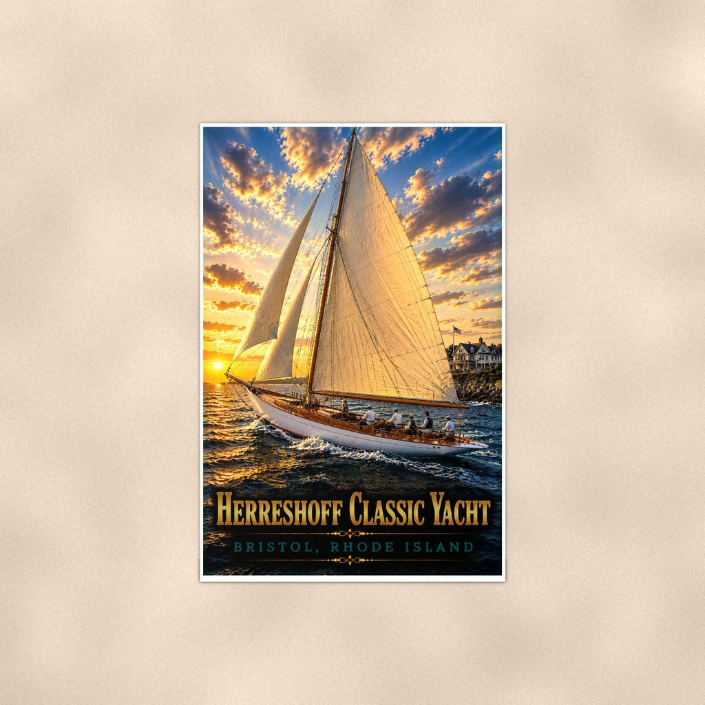 Sailboat on open water — 24x36 in art print poster, premium luster paper with a white border; poster shown straight on against a warm wall.