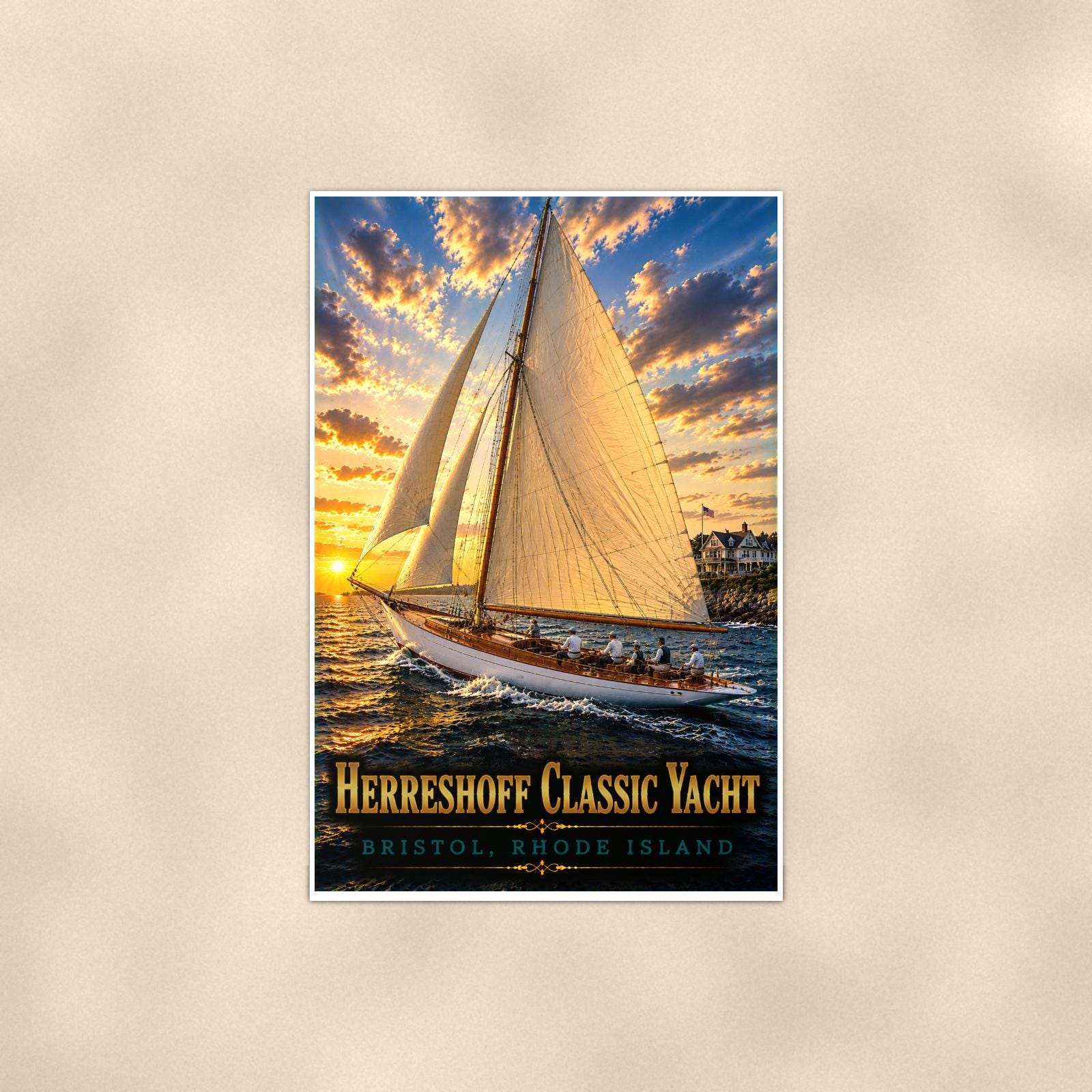 Sailboat on open water — 24x36 in art print poster, premium luster paper with a white border; poster shown straight on against a warm wall.