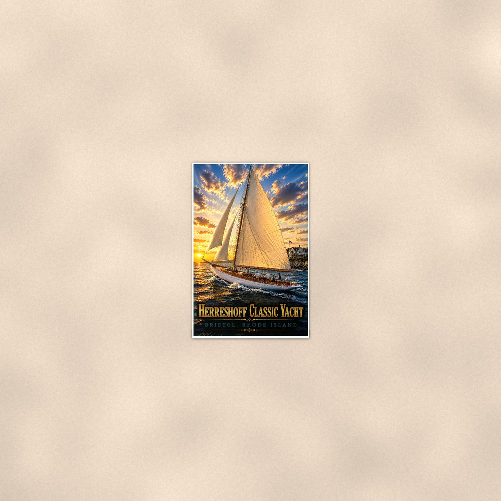 Sailboat on open water — 24x36 in art print poster, premium luster paper with a white border; poster seen from further back, at true 24x36 in scale on a warm wall.