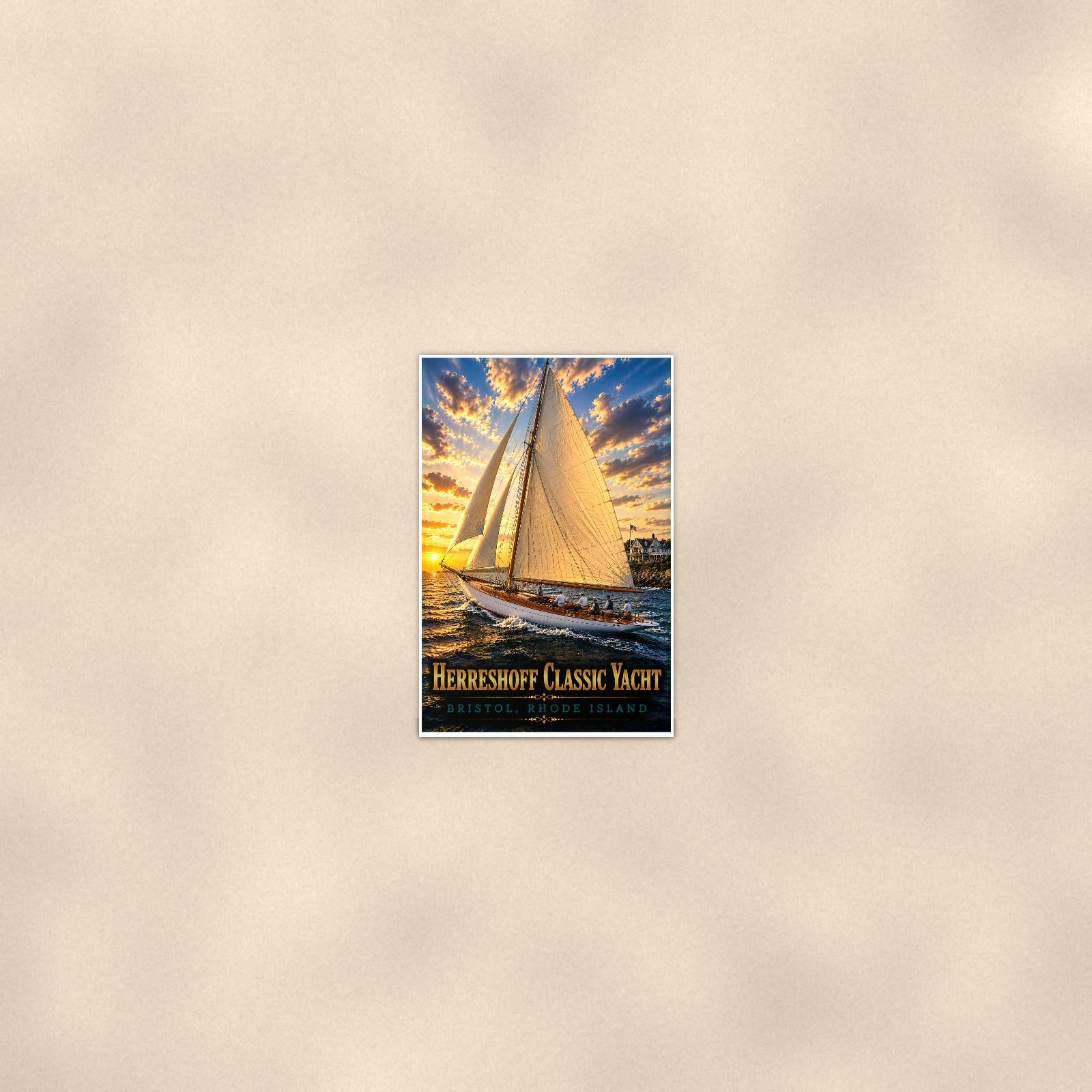 Sailboat on open water — 24x36 in art print poster, premium luster paper with a white border; poster seen from further back, at true 24x36 in scale on a warm wall.