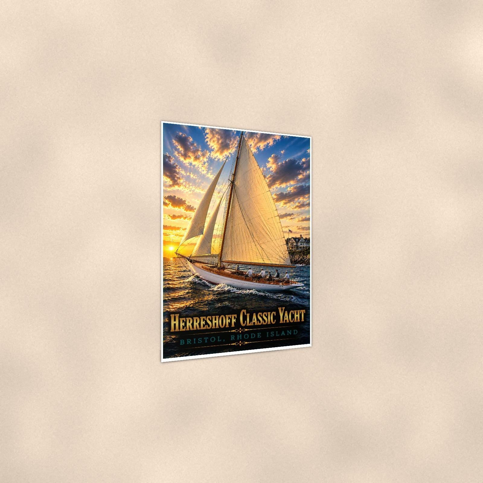 Sailboat on open water — 24x36 in art print poster, premium luster paper with a white border; gentle three-quarter angle on a warm wall, showing the flat paper edge.