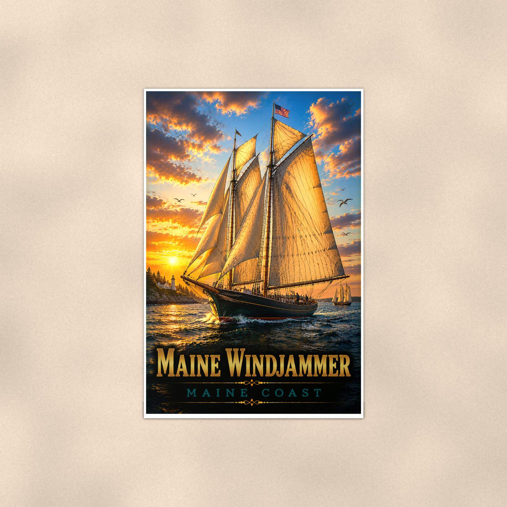 Sailboat on open water — 24x36 in art print poster, premium luster paper with a white border; poster shown straight on against a warm wall.