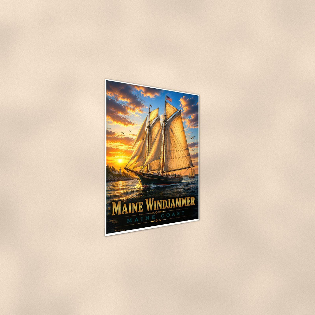 Sailboat on open water — 24x36 in art print poster, premium luster paper with a white border; steeper three-quarter angle on a warm wall, catching the luster sheen.