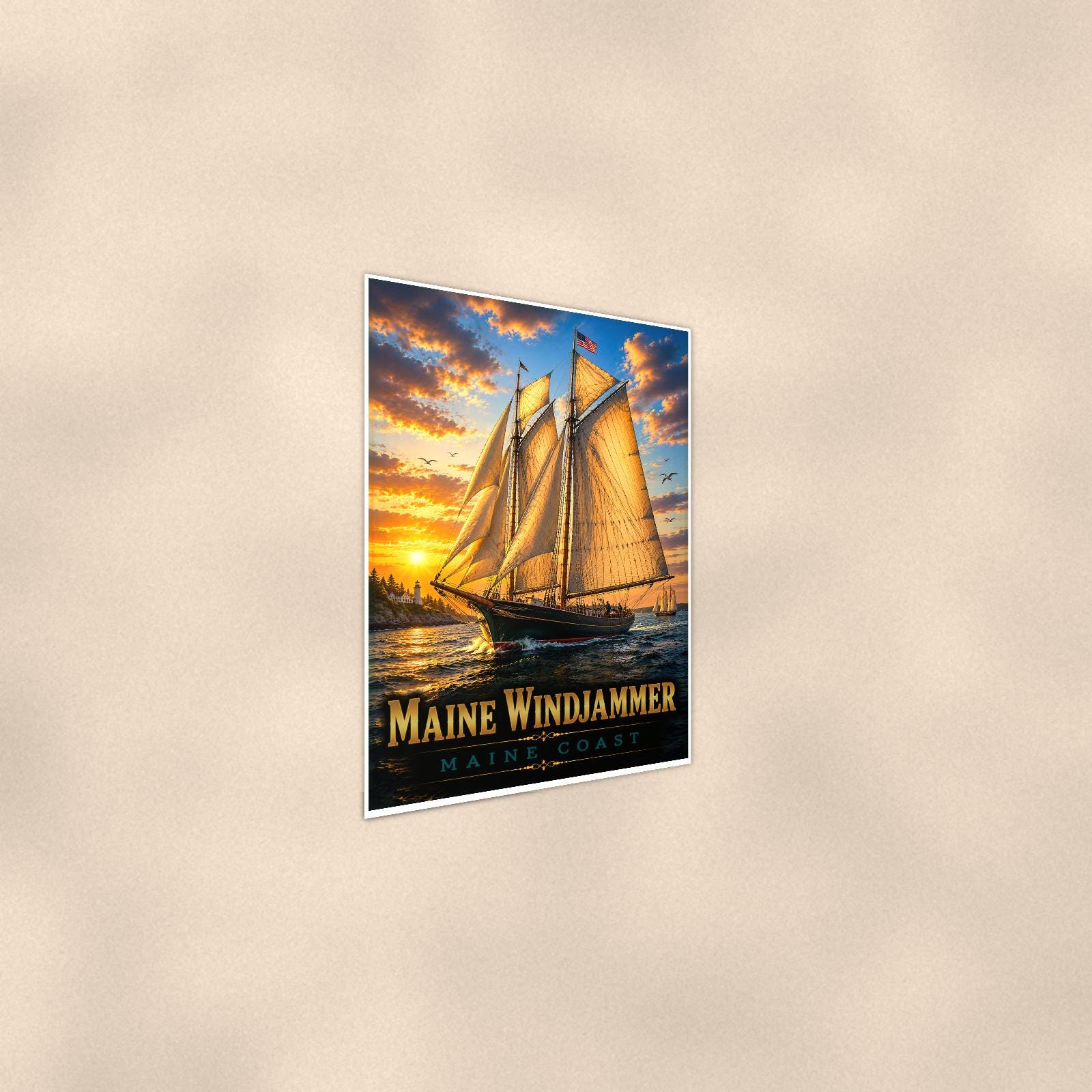 Sailboat on open water — 24x36 in art print poster, premium luster paper with a white border; steeper three-quarter angle on a warm wall, catching the luster sheen.
