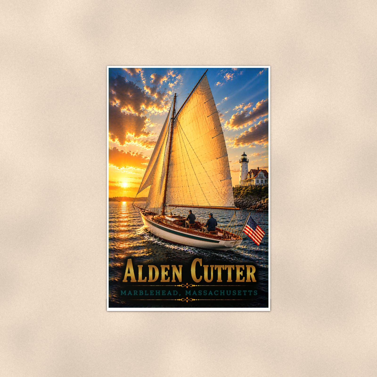 Sailboat on open water — 24x36 in art print poster, premium luster paper with a white border; poster shown straight on against a warm wall.