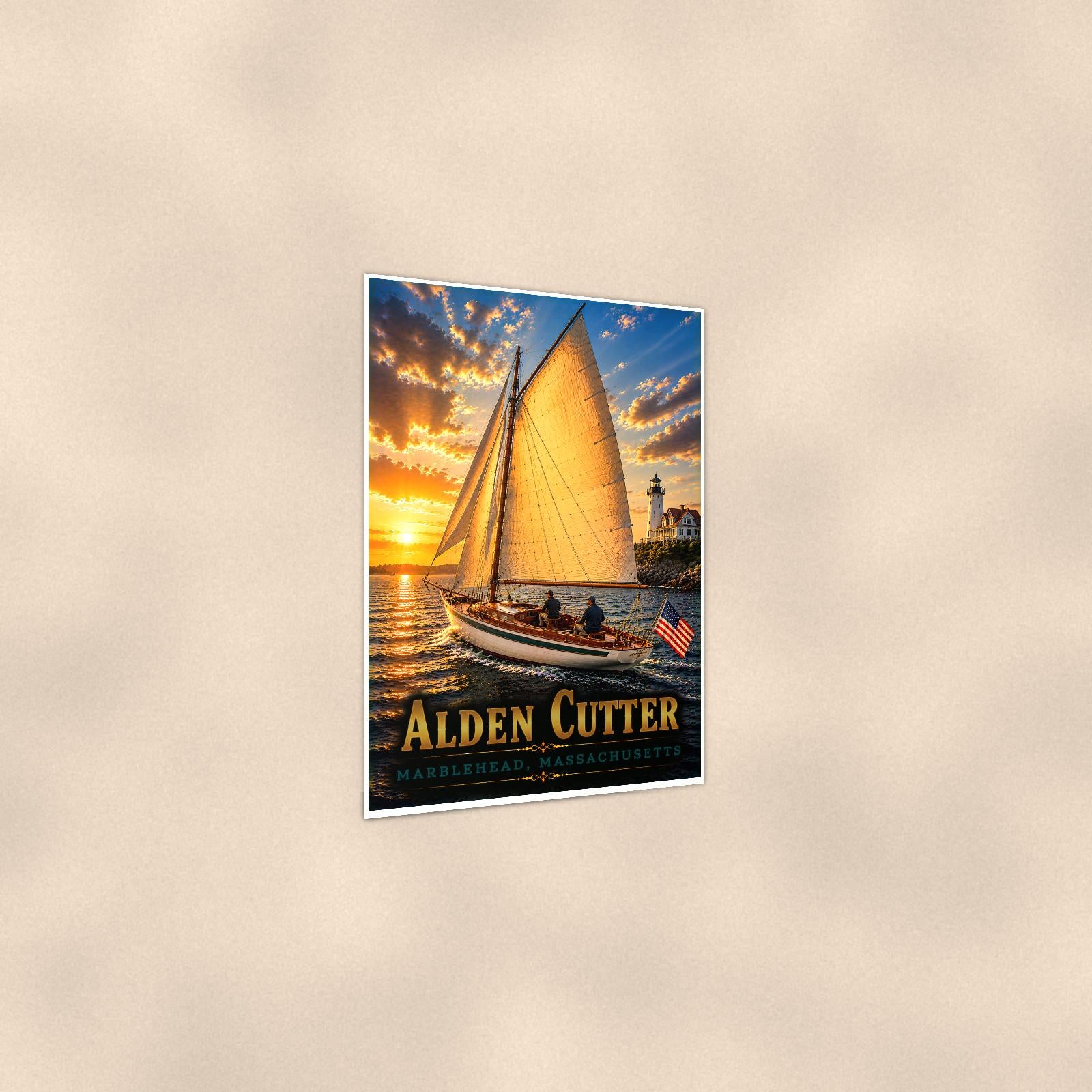 Sailboat on open water — 24x36 in art print poster, premium luster paper with a white border; gentle three-quarter angle on a warm wall, showing the flat paper edge.
