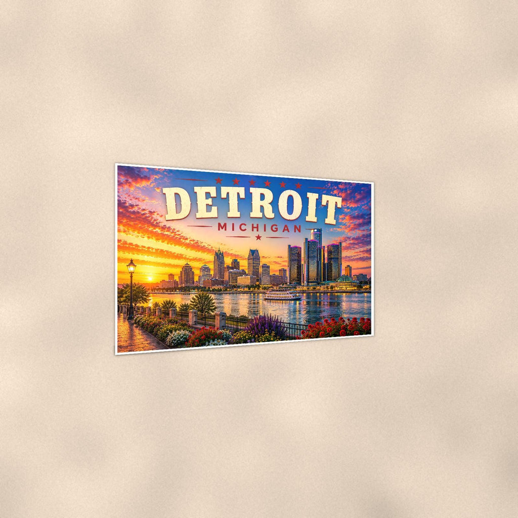 Detroit Skyline — 36x24 in art print poster, premium luster paper with a white border; gentle three-quarter angle on a warm wall, showing the flat paper edge.