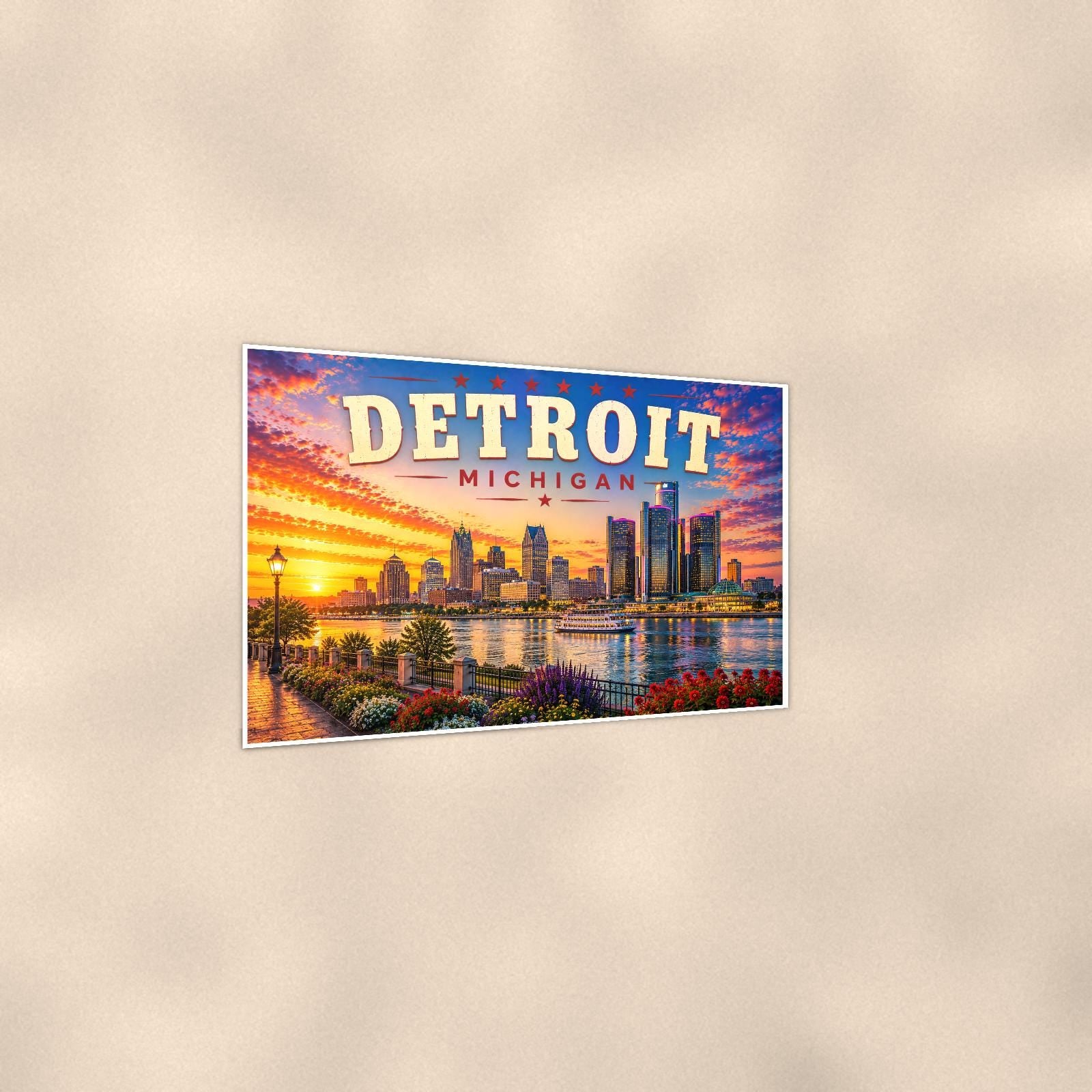 Detroit Skyline — 36x24 in art print poster, premium luster paper with a white border; gentle three-quarter angle on a warm wall, showing the flat paper edge.