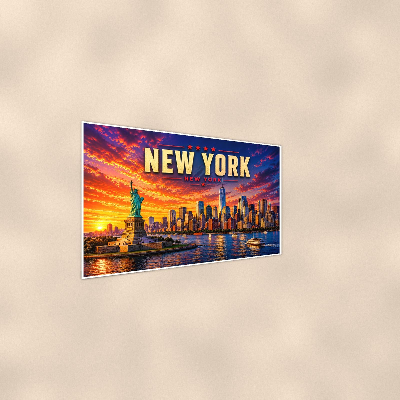 New York Skyline — 36x24 in art print poster, premium luster paper with a white border; steeper three-quarter angle on a warm wall, catching the luster sheen.