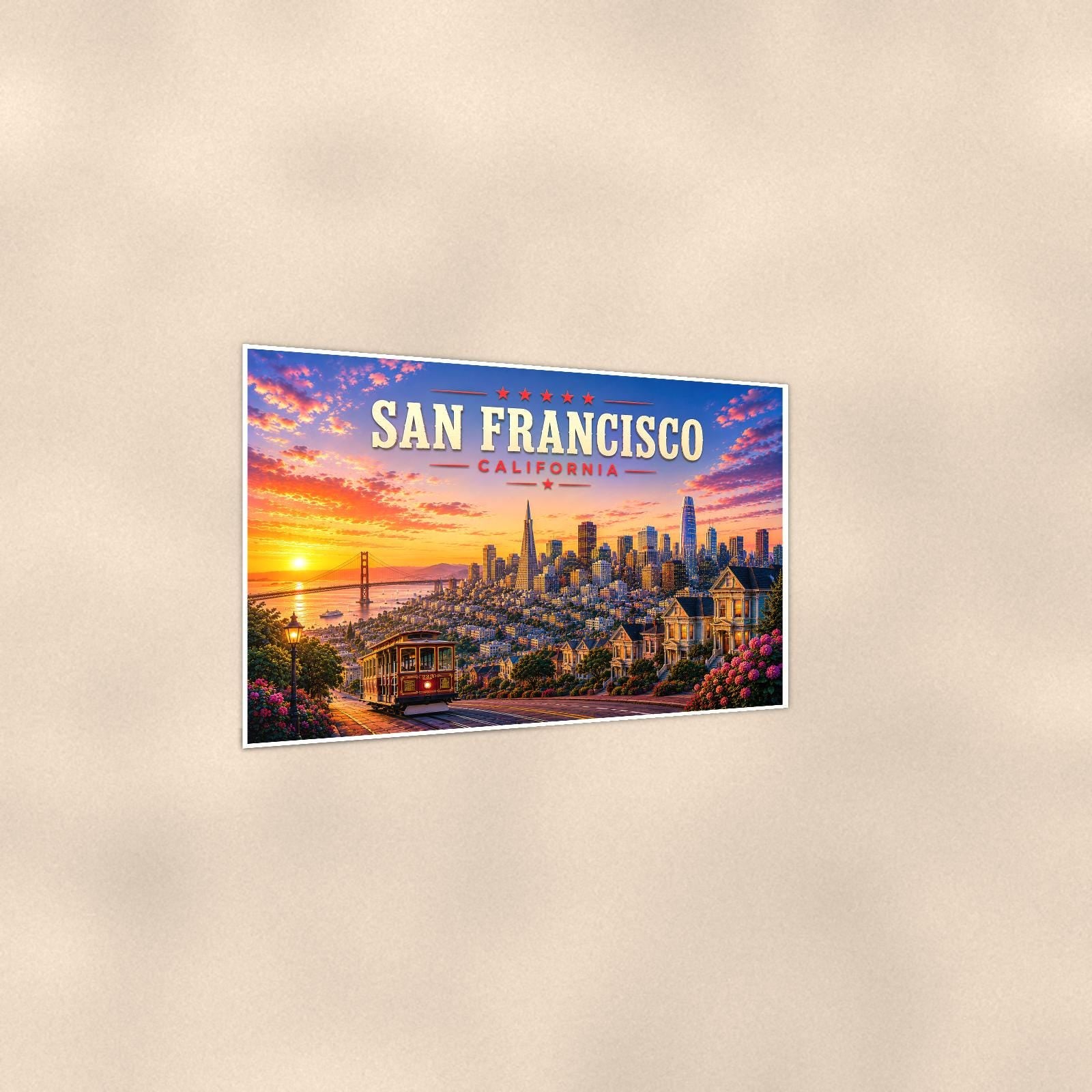 San Francisco Skyline — 36x24 in art print poster, premium luster paper with a white border; gentle three-quarter angle on a warm wall, showing the flat paper edge.