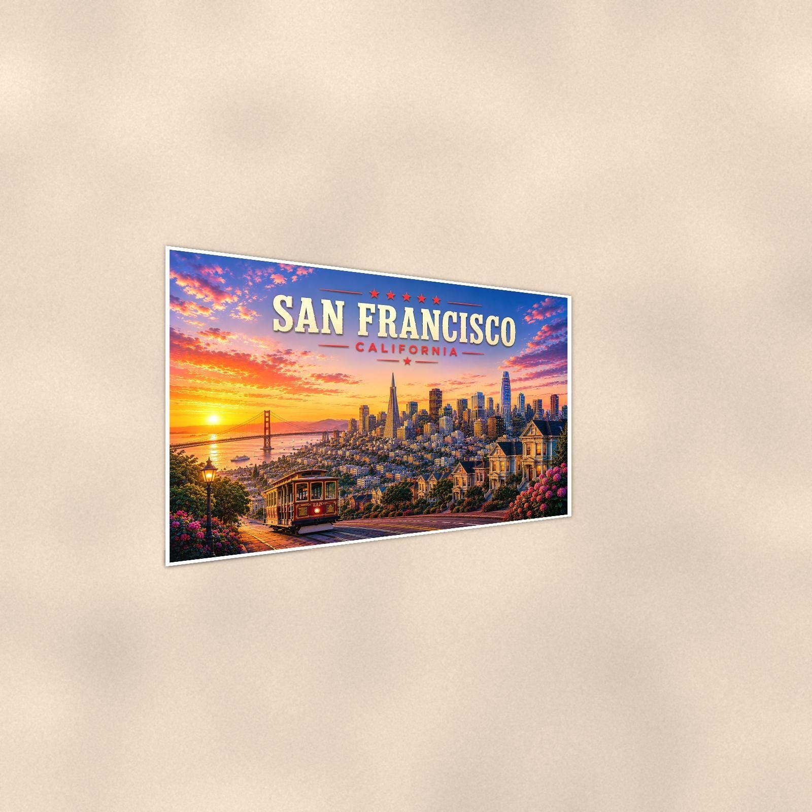 San Francisco Skyline — 36x24 in art print poster, premium luster paper with a white border; steeper three-quarter angle on a warm wall, catching the luster sheen.