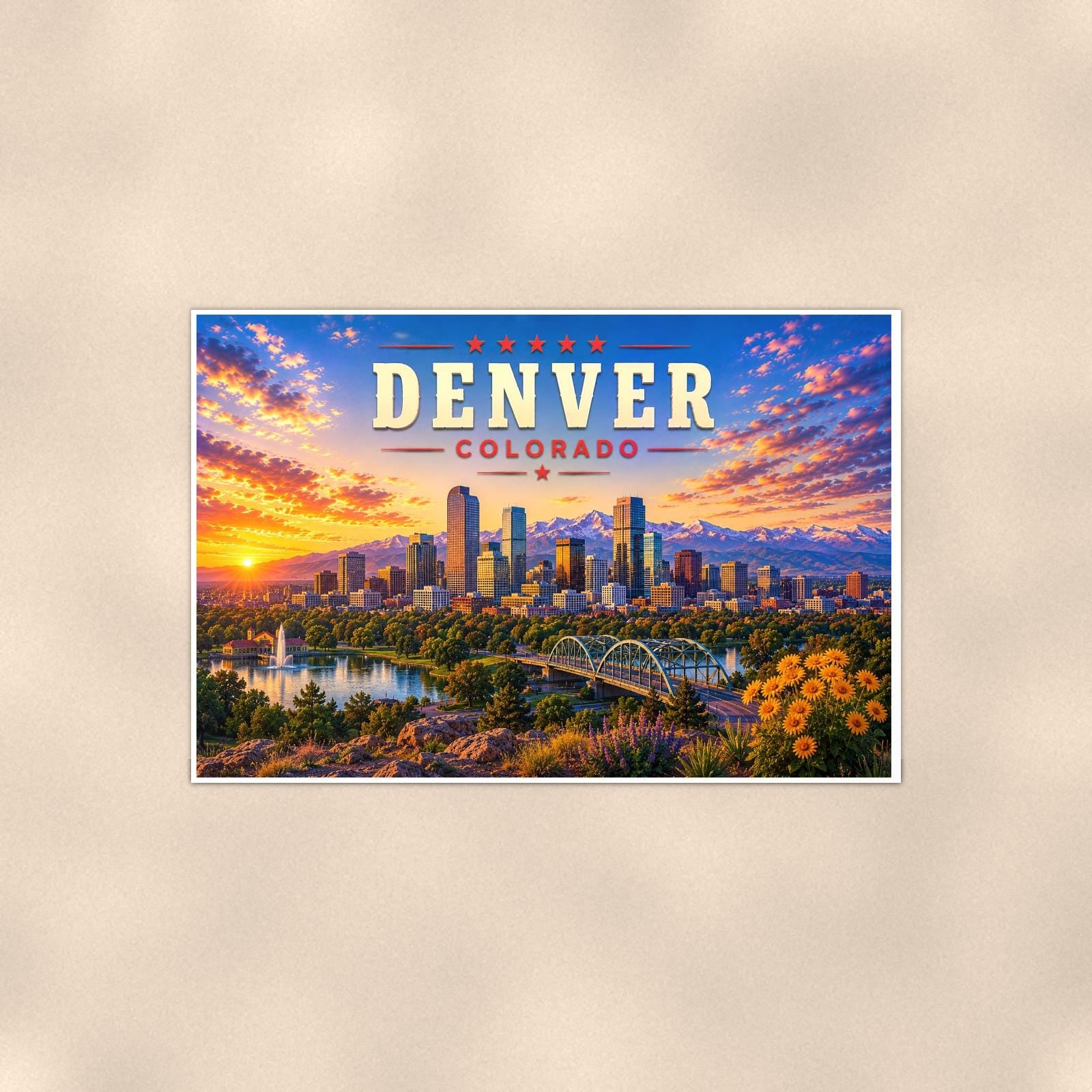 Denver Skyline — 36x24 in art print poster, premium luster paper with a white border; poster shown straight on against a warm wall.