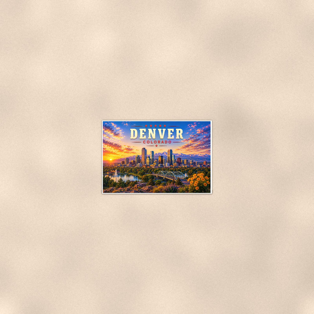 Denver Skyline — 36x24 in art print poster, premium luster paper with a white border; poster seen from further back, at true 24x36 in scale on a warm wall.