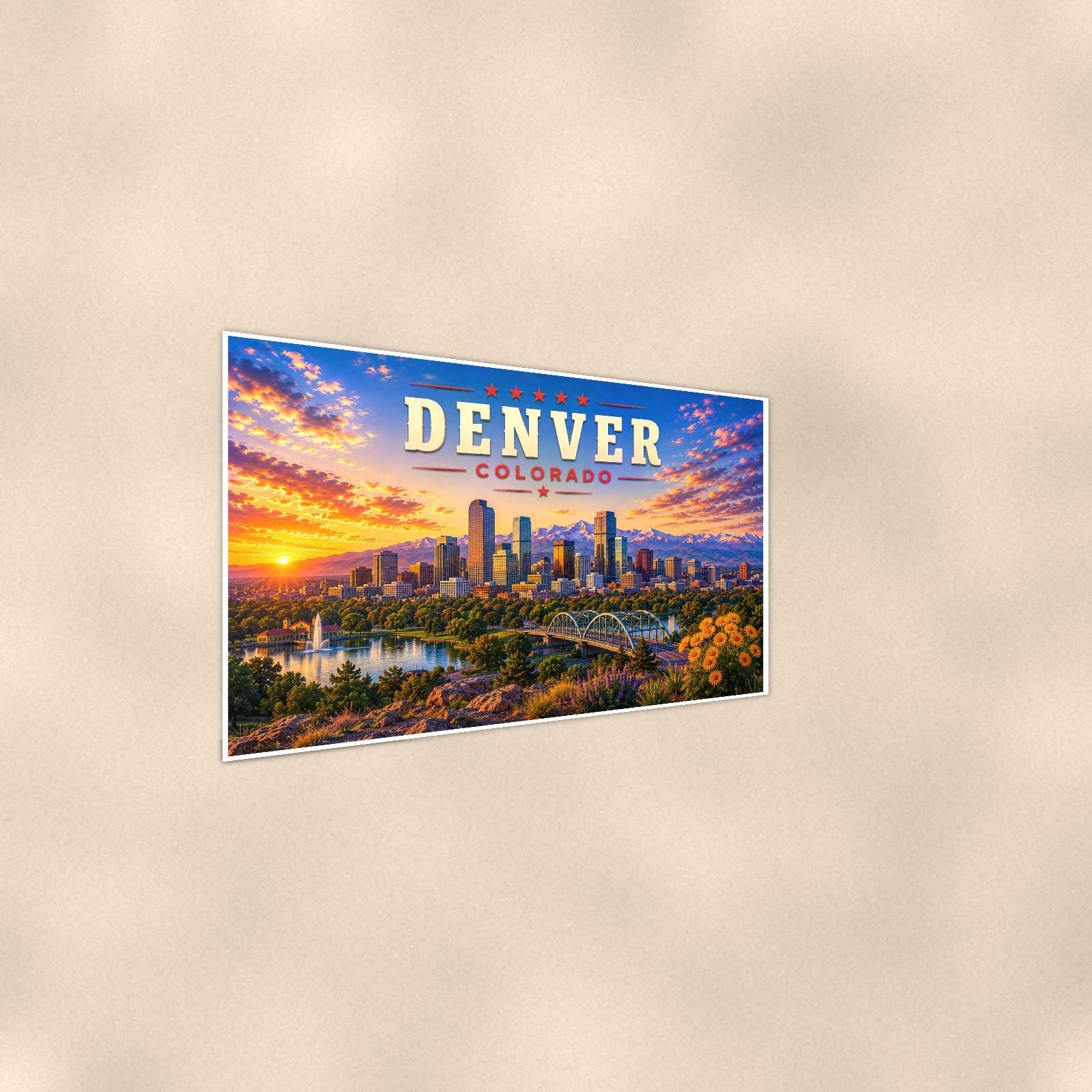 Denver Skyline — 36x24 in art print poster, premium luster paper with a white border; steeper three-quarter angle on a warm wall, catching the luster sheen.