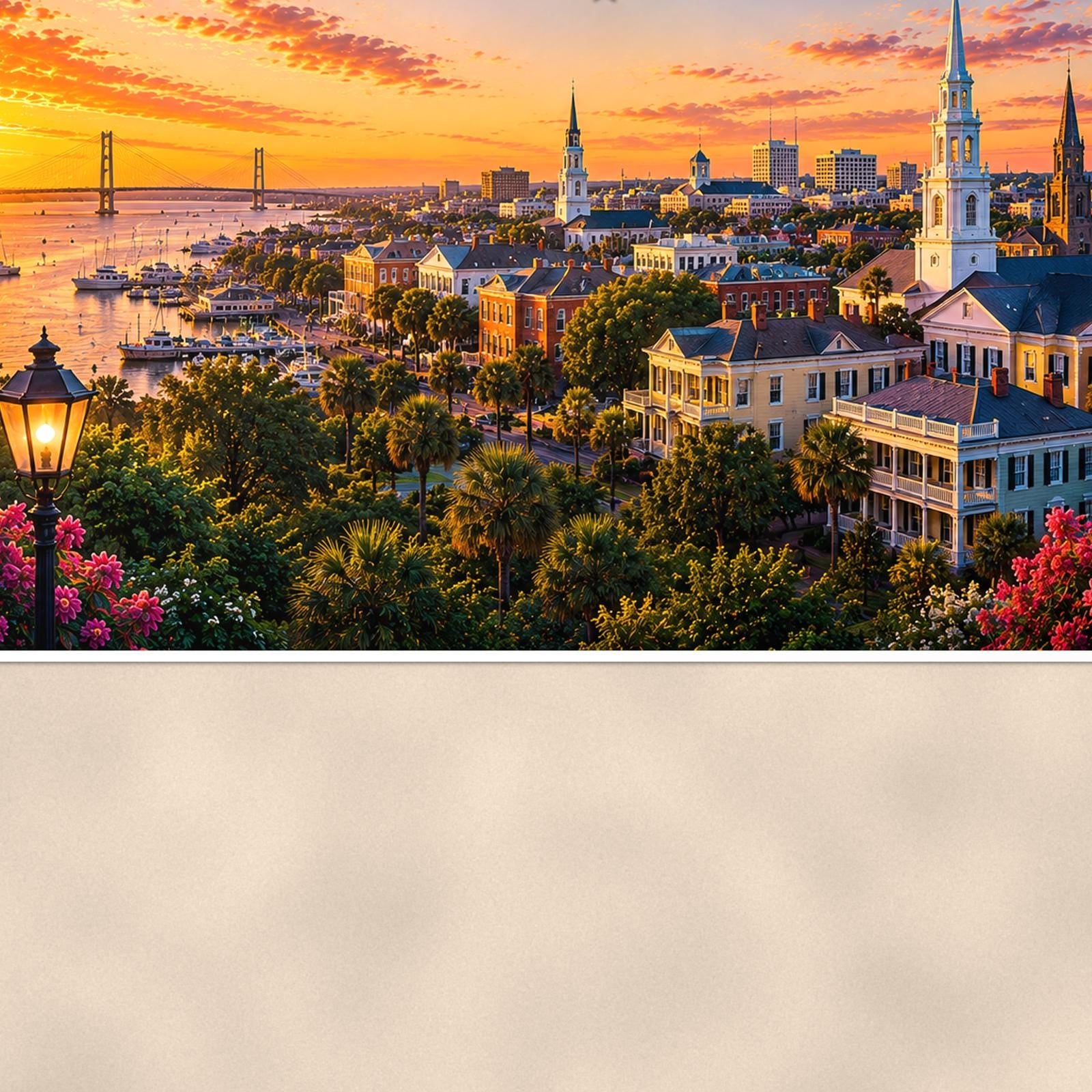 Charleston Skyline — 36x24 in art print poster, premium luster paper with a white border; close-up framed on the main subject of the artwork, paper surface visible.