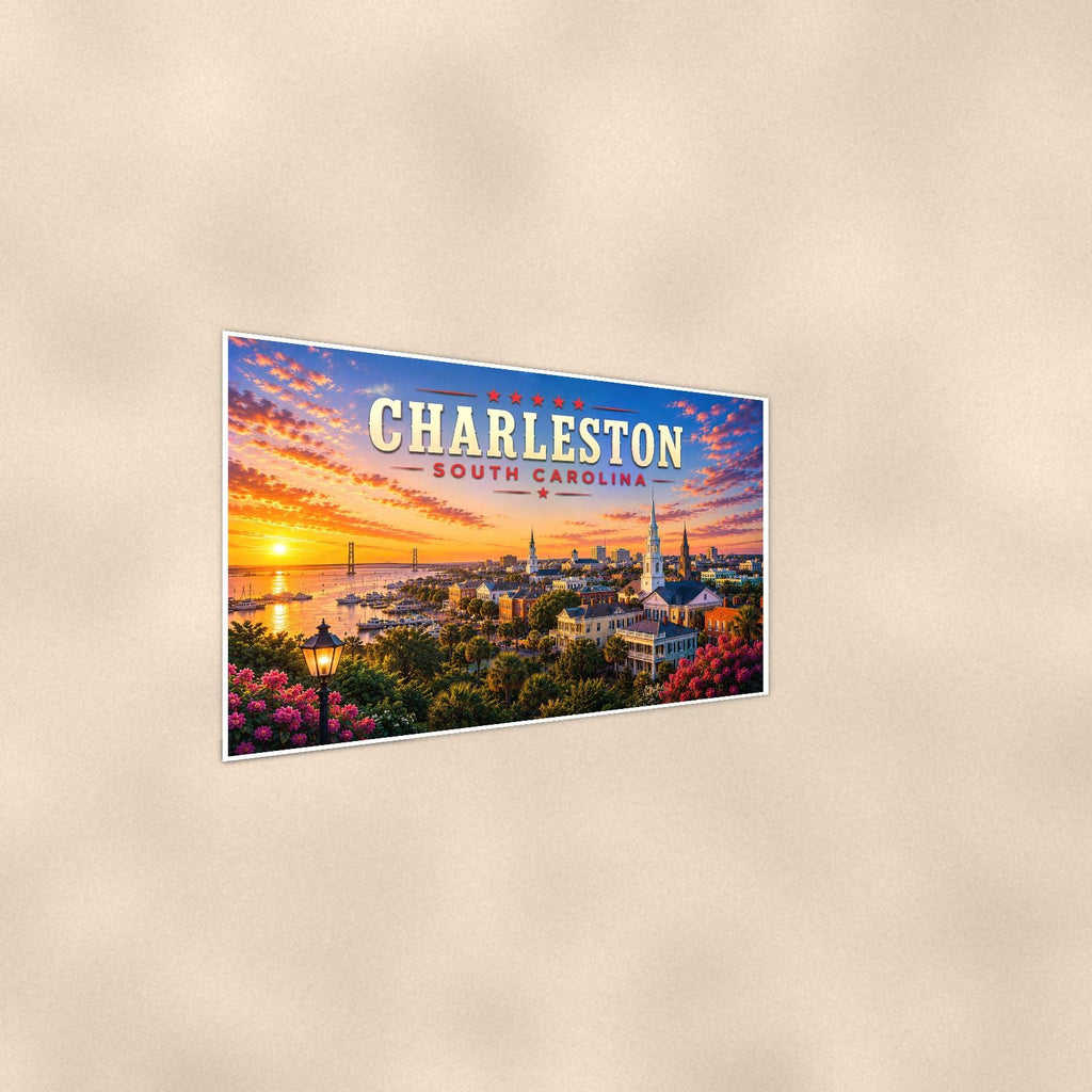Charleston Skyline — 36x24 in art print poster, premium luster paper with a white border; steeper three-quarter angle on a warm wall, catching the luster sheen.