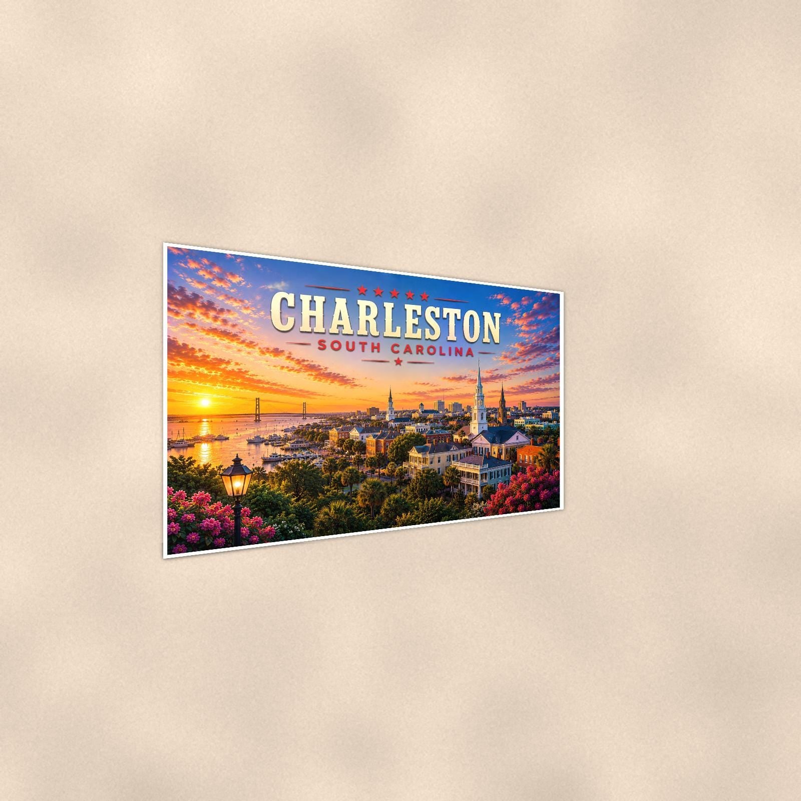 Charleston Skyline — 36x24 in art print poster, premium luster paper with a white border; steeper three-quarter angle on a warm wall, catching the luster sheen.