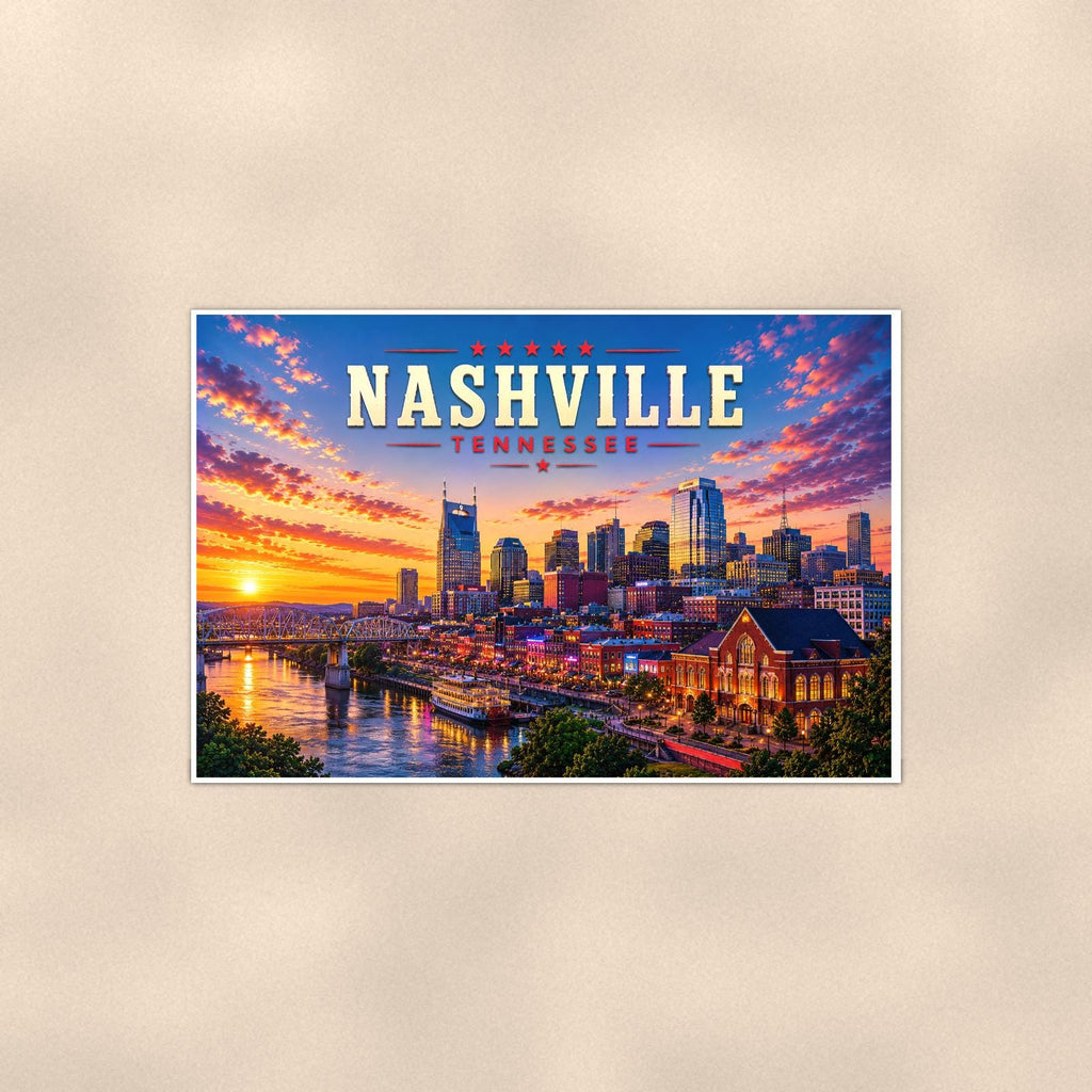 Nashville Skyline — 36x24 in art print poster, premium luster paper with a white border; poster shown straight on against a warm wall.
