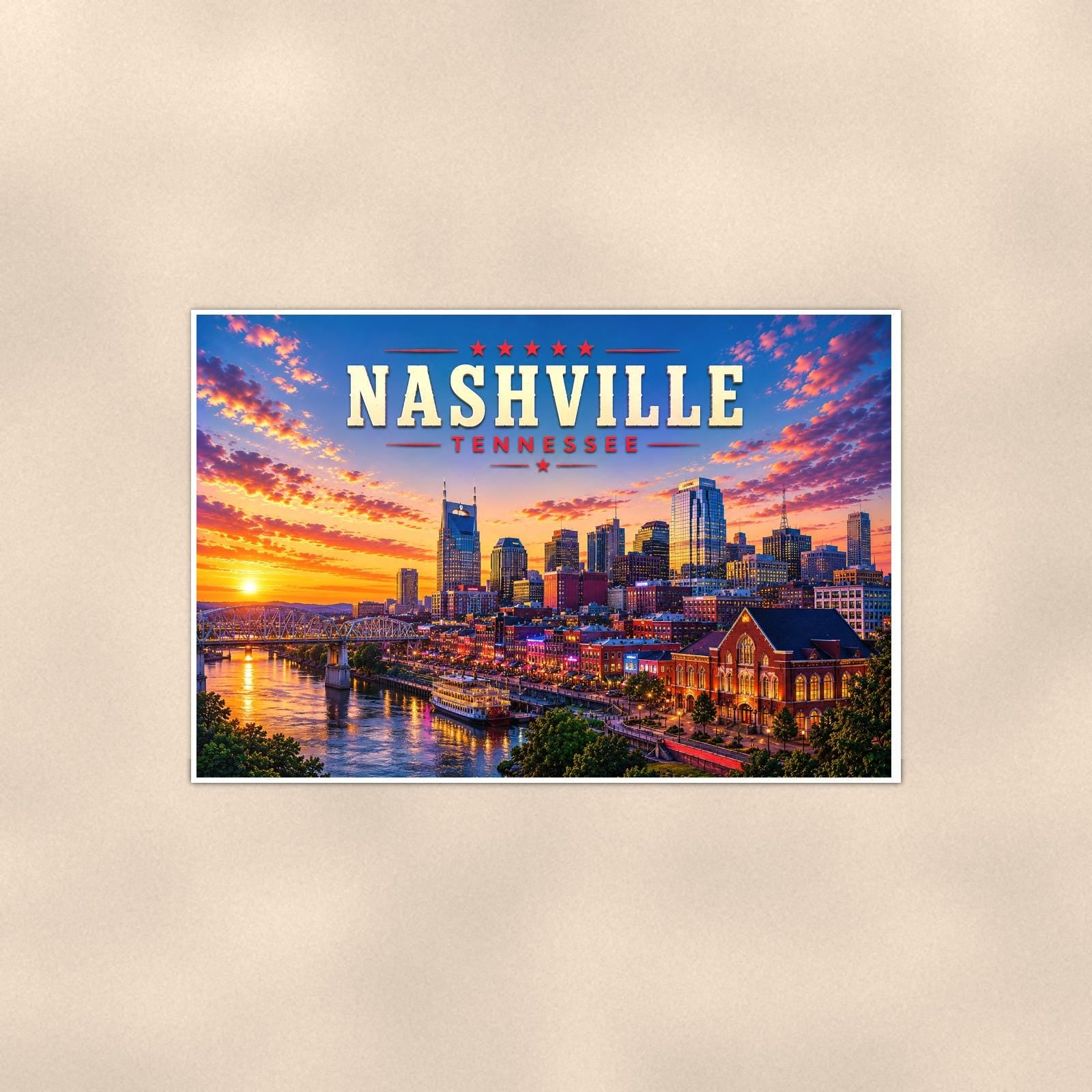 Nashville Skyline — 36x24 in art print poster, premium luster paper with a white border; poster shown straight on against a warm wall.