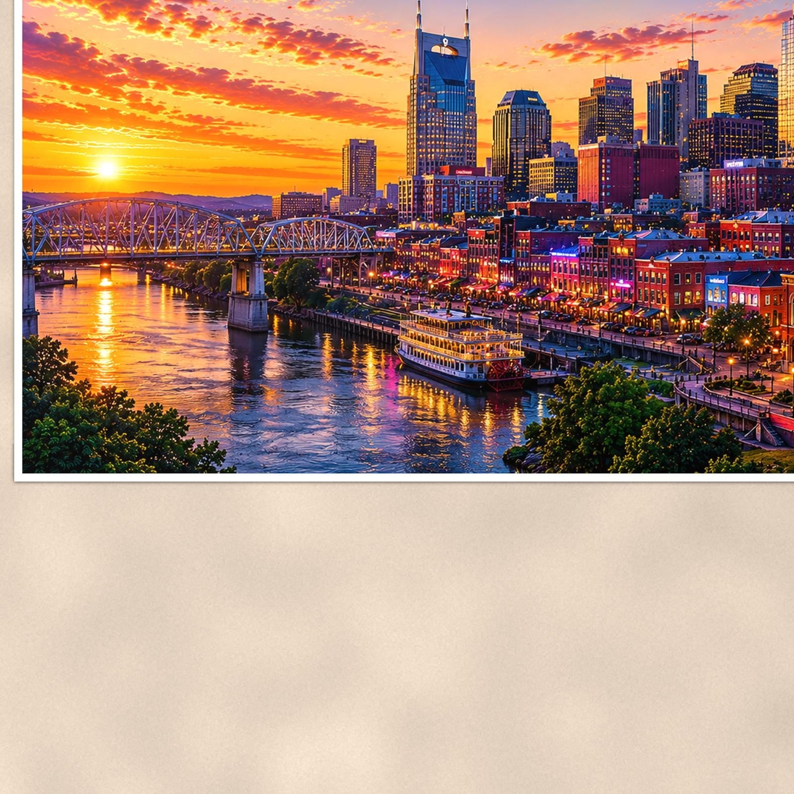 Nashville Skyline — 36x24 in art print poster, premium luster paper with a white border; close-up framed on the main subject of the artwork, paper surface visible.