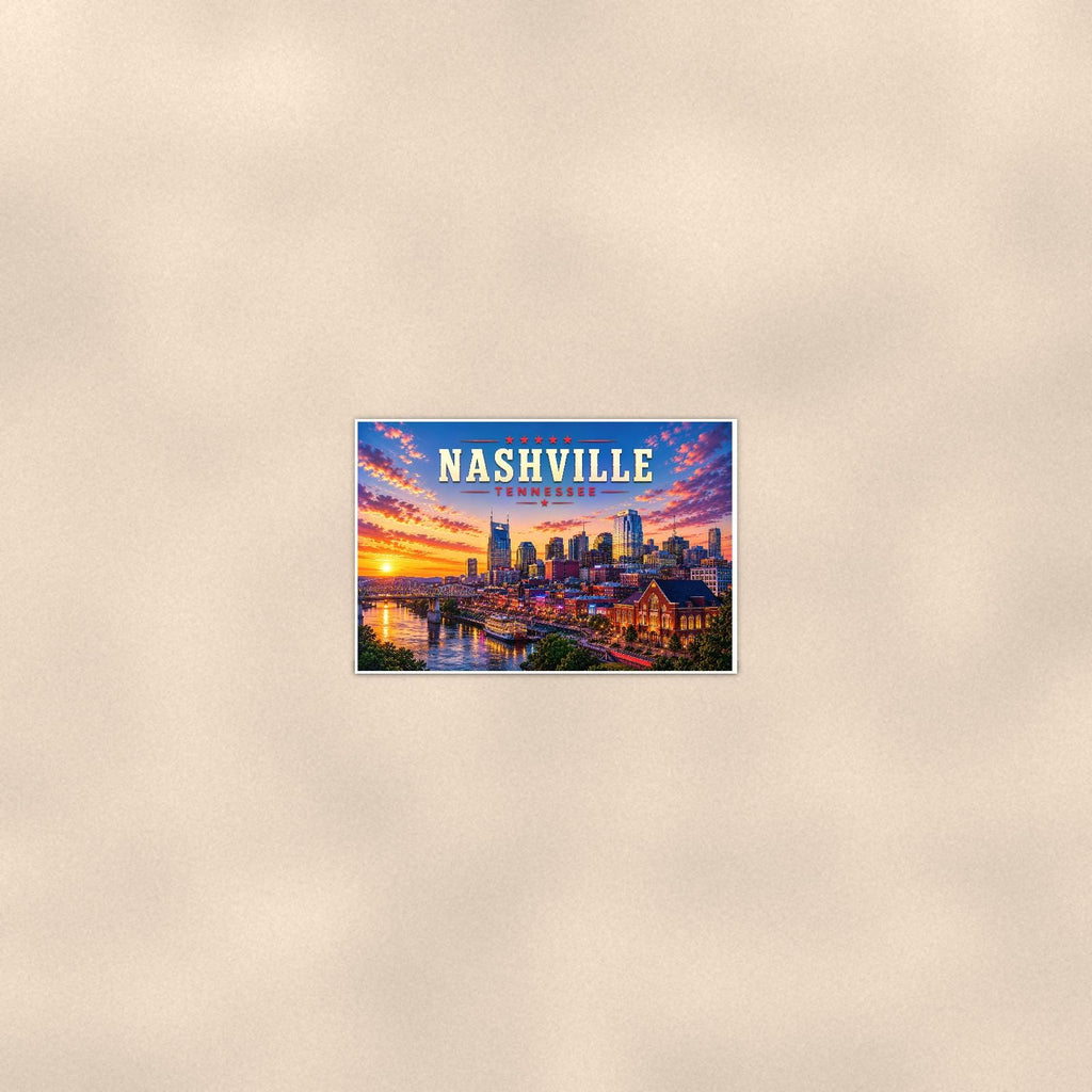 Nashville Skyline — 36x24 in art print poster, premium luster paper with a white border; poster seen from further back, at true 24x36 in scale on a warm wall.