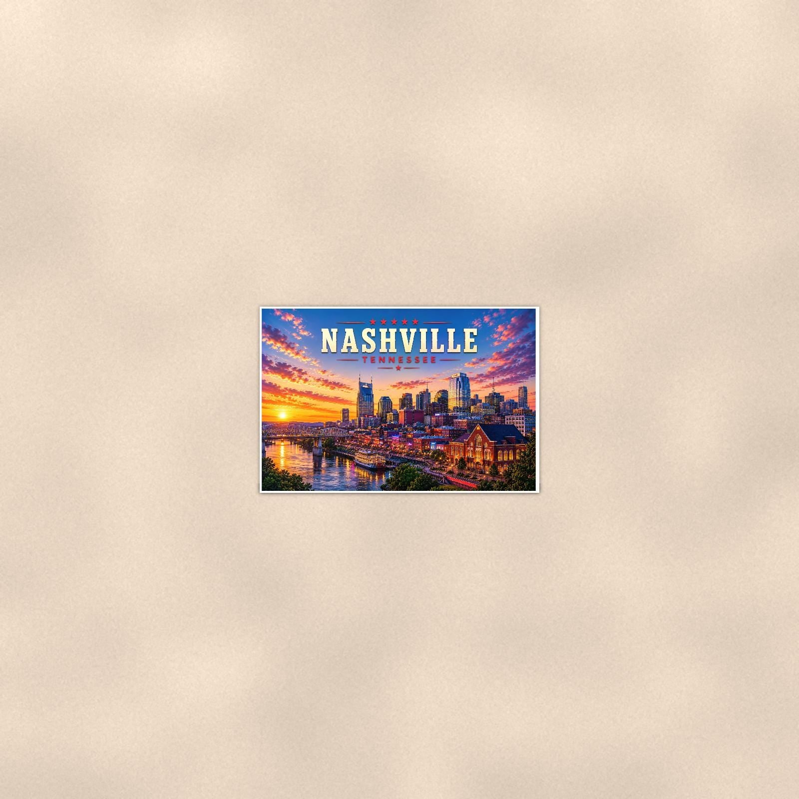 Nashville Skyline — 36x24 in art print poster, premium luster paper with a white border; poster seen from further back, at true 24x36 in scale on a warm wall.