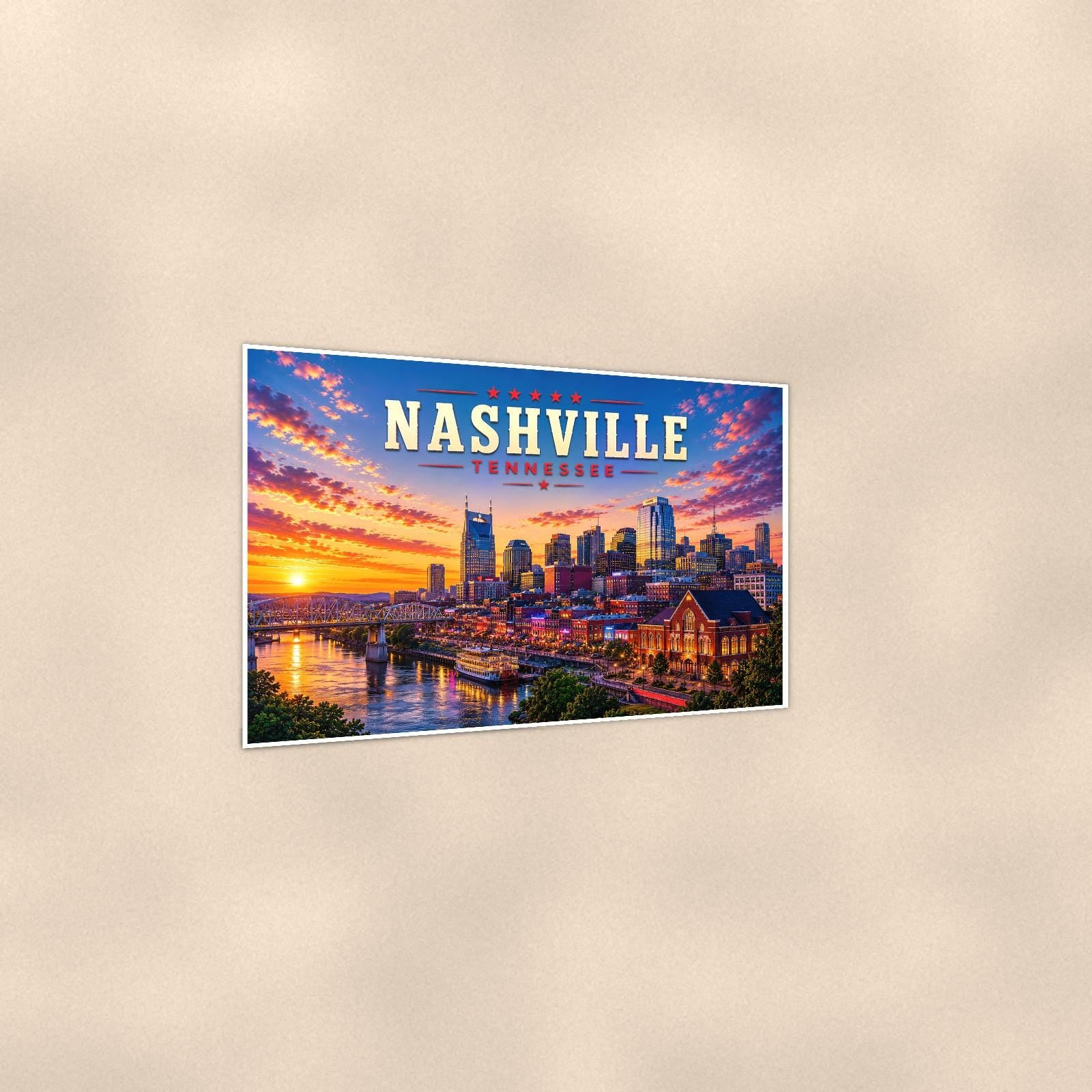 Nashville Skyline — 36x24 in art print poster, premium luster paper with a white border; gentle three-quarter angle on a warm wall, showing the flat paper edge.