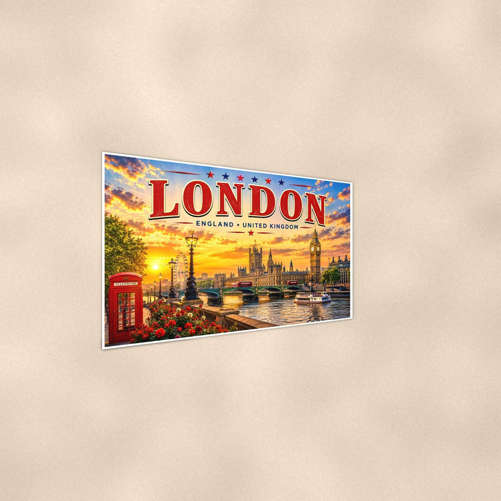 London Skyline — 36x24 in art print poster, premium luster paper with a white border; steeper three-quarter angle on a warm wall, catching the luster sheen.