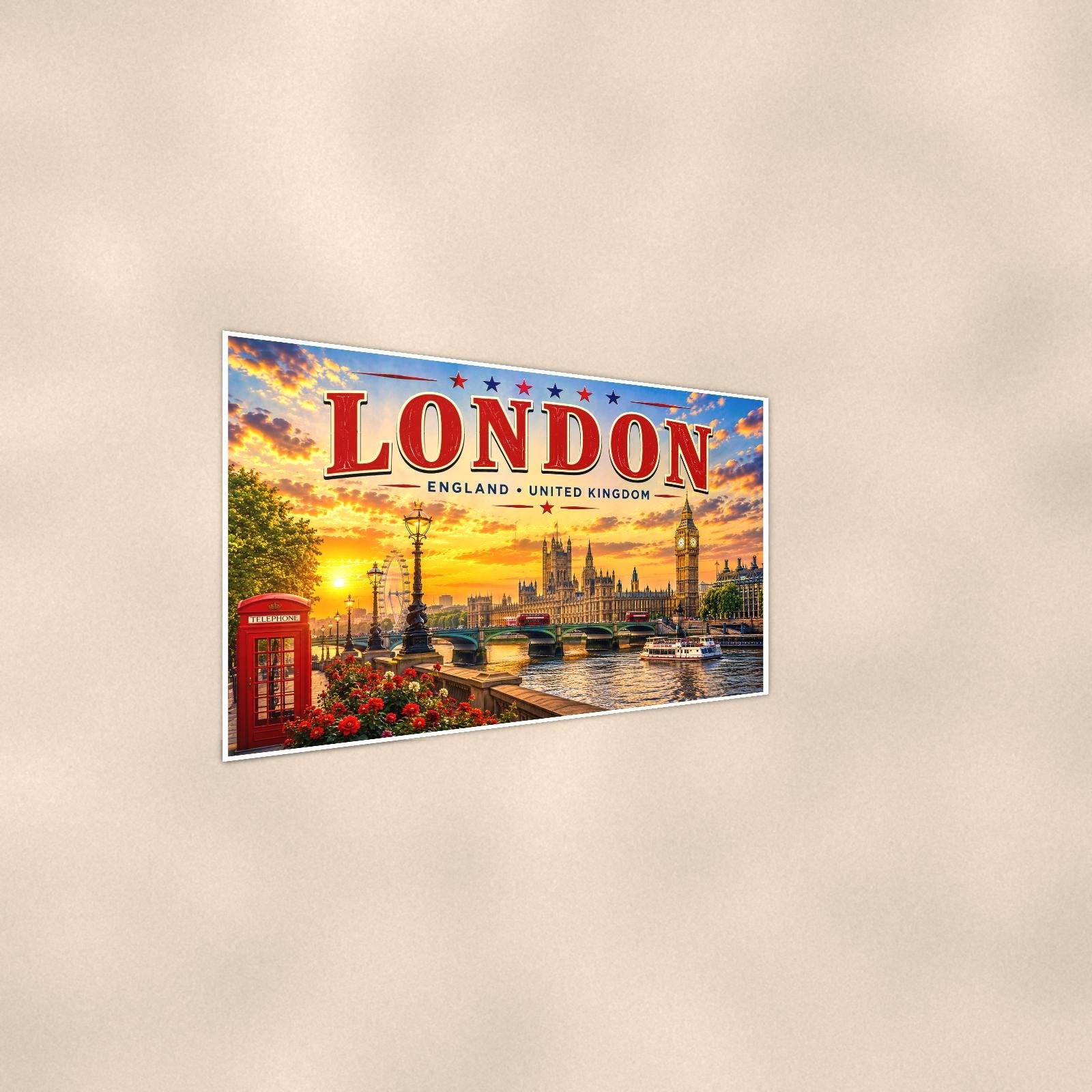 London Skyline — 36x24 in art print poster, premium luster paper with a white border; steeper three-quarter angle on a warm wall, catching the luster sheen.