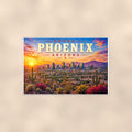 Phoenix Skyline — 36x24 in art print poster, premium luster paper with a white border; poster shown straight on against a warm wall.
