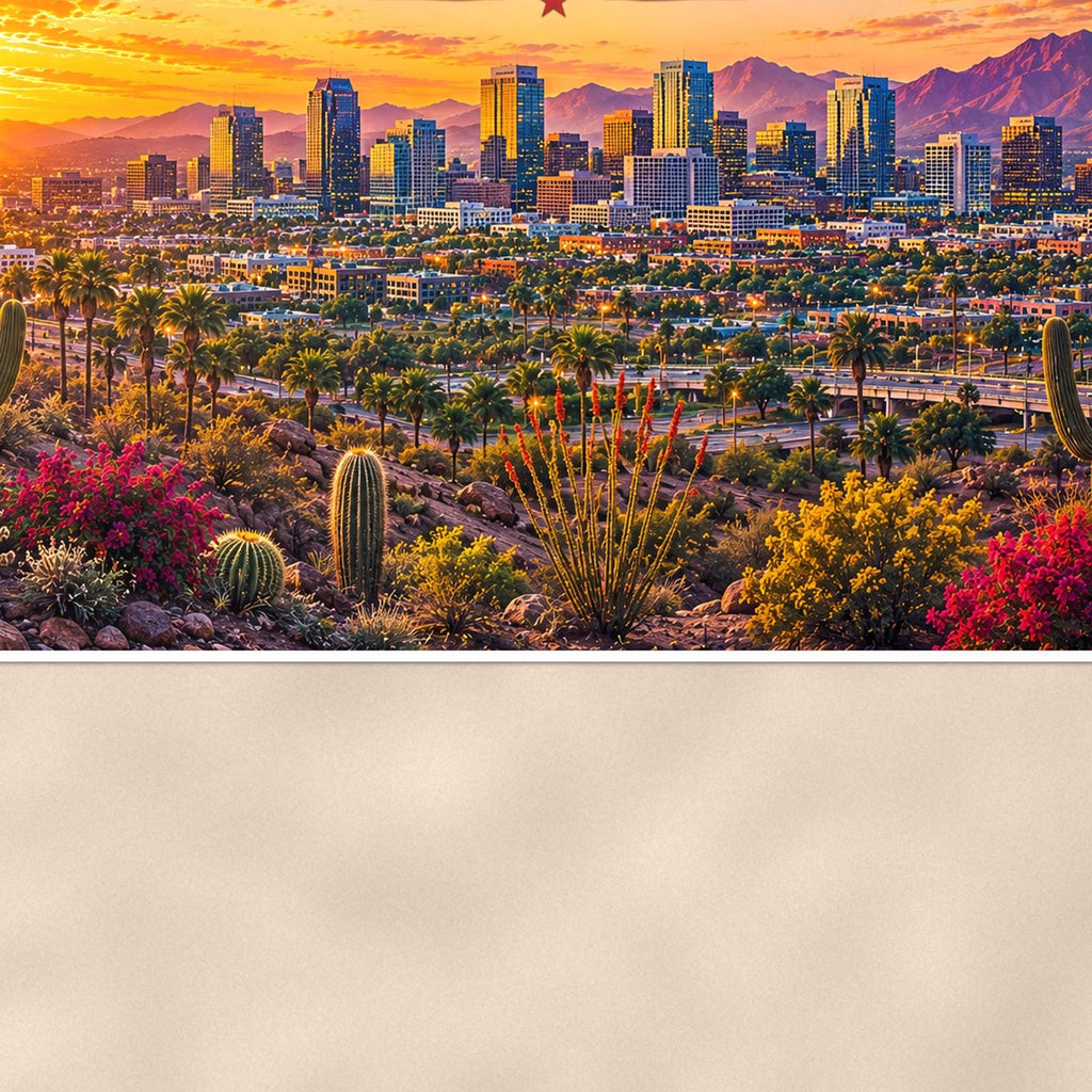Phoenix Skyline — 36x24 in art print poster, premium luster paper with a white border; close-up framed on the main subject of the artwork, paper surface visible.