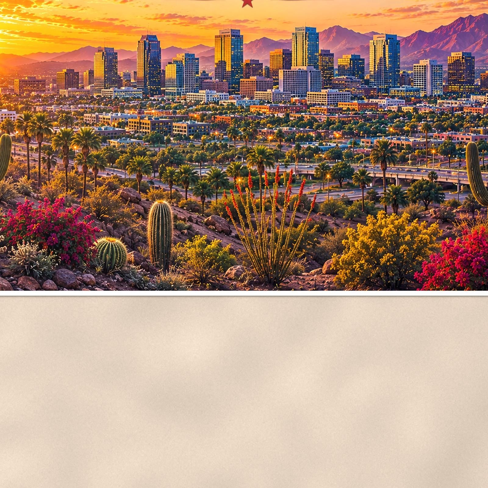 Phoenix Skyline — 36x24 in art print poster, premium luster paper with a white border; close-up framed on the main subject of the artwork, paper surface visible.